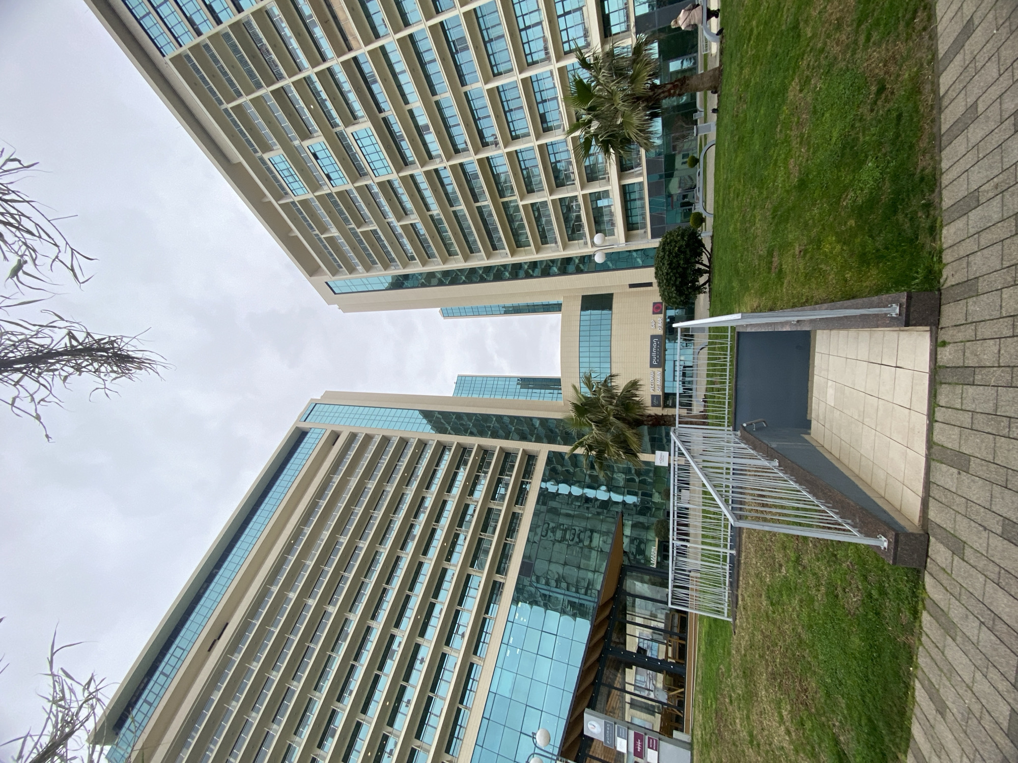 The image shows a view of the Pullman Sochi Centre Hotel in Sochi, Russia, from a low-angle perspective. Two tall buildings, presumably part of the hotel, dominate the frame. The buildings feature a modern design with numerous balconies and glass windows. The sky is overcast.
In the foreground, there's a grassy area with a staircase leading down, possibly to an underground level or parking. A metal railing is visible along the side of the staircase. Sidewalk is visible next to the grass. There is signage near the bottom of the frame.
A palm tree is situated between the two buildings, adding a touch of the tropical environment. Another palm tree is visible on top right.
