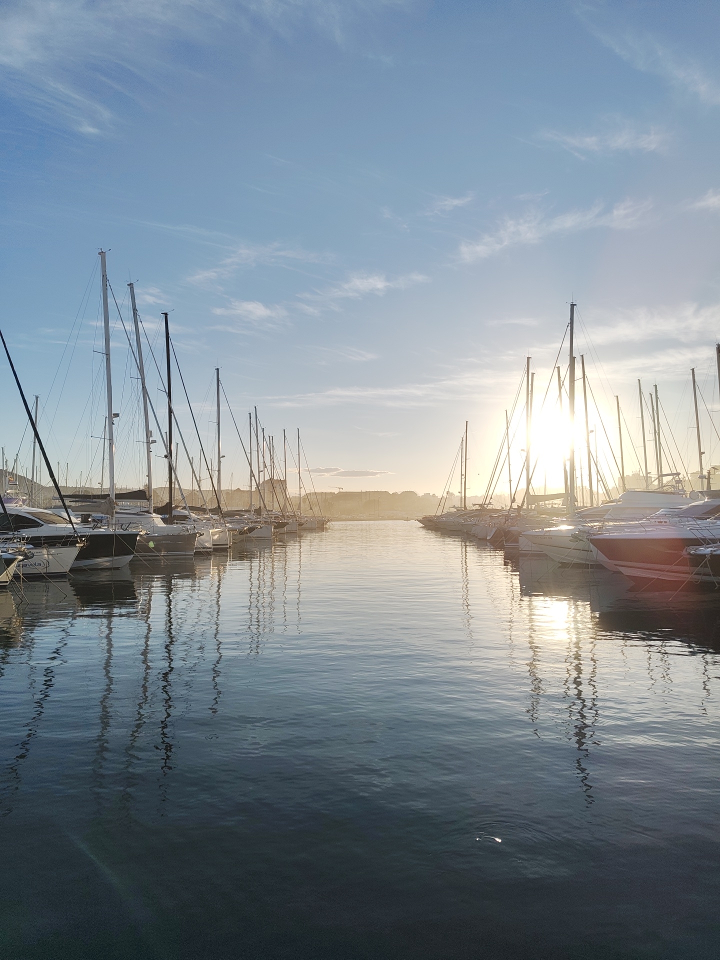 The image captures a marina in Dénia, Spain, at sunrise or sunset. Numerous sailboats and yachts are docked along both sides of a narrow waterway. The sun shines brightly in the distance, between the rows of masts, creating a strong glare and reflecting on the water's surface. The sky is light blue with thin clouds. The water is calm, reflecting the masts and boats. Buildings are visible on the horizon between the rows of boats.