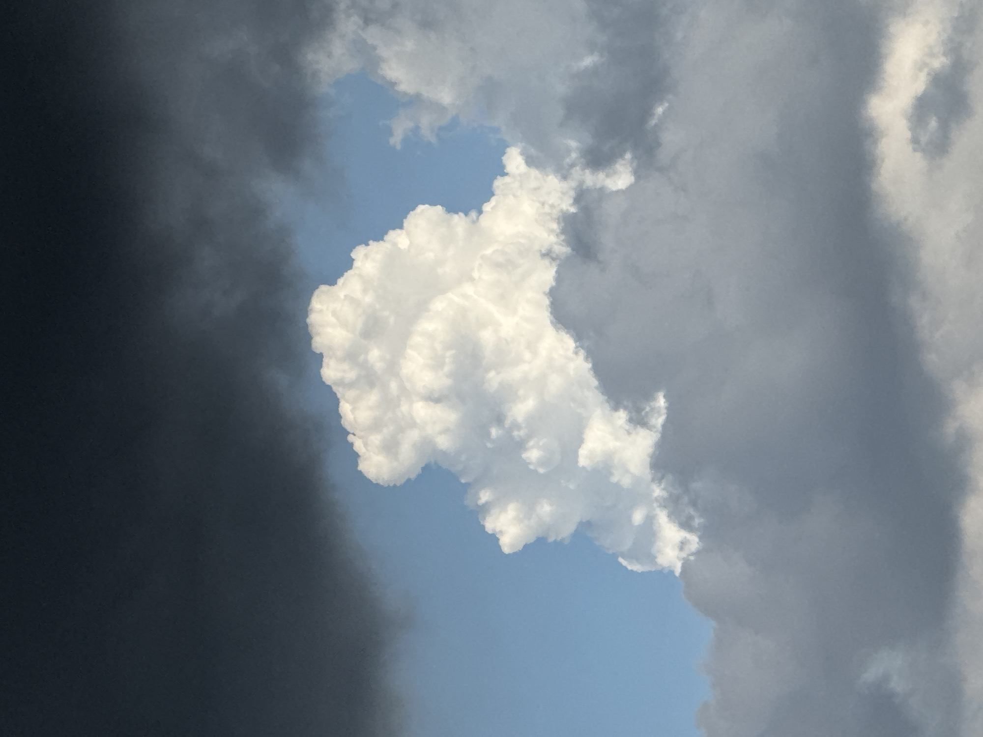 The image depicts a sky with dramatic cloud formations, located in Đa Lộc, Vietnam. The sky is a mix of deep charcoal gray clouds in the upper left and lighter, turbulent gray clouds lower down and to the right. A prominent, brightly lit cumulus cloud, appearing white and puffy, rises centrally against a bright blue sky, suggesting a break in the stormy weather. The contrast between the dark and light clouds creates a dynamic and somewhat ominous atmosphere. There are no people or man-made objects visible in the frame, focusing solely on the natural phenomenon of the clouds. The scene is entirely environmental.