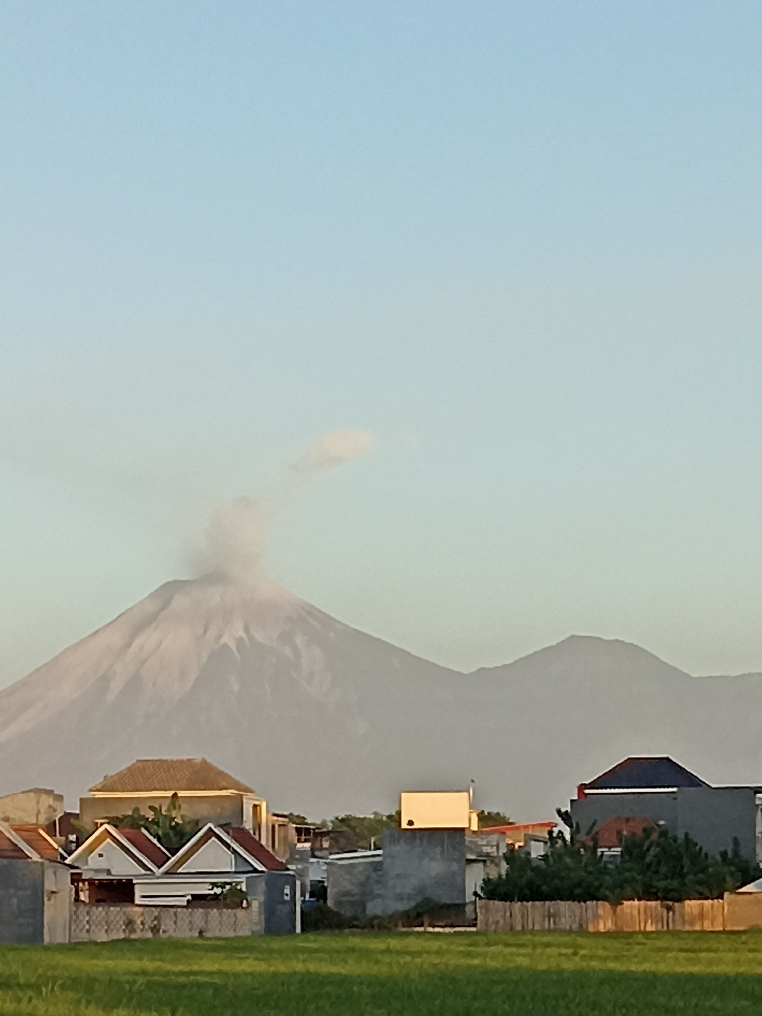 The image depicts a panoramic view of a residential area with Mount Semeru, a volcano in Lumajang, Indonesia, erupting in the background. The volcano is spewing smoke and ash into the clear blue sky. In the foreground, several houses with various roof designs are visible. The houses appear to be modern, with some featuring grey walls and red or brown tiled roofs. Lush green fields stretch across the bottom of the frame, suggesting a rural or semi-rural setting. The overall scene captures a dramatic natural event occurring alongside a tranquil residential landscape.