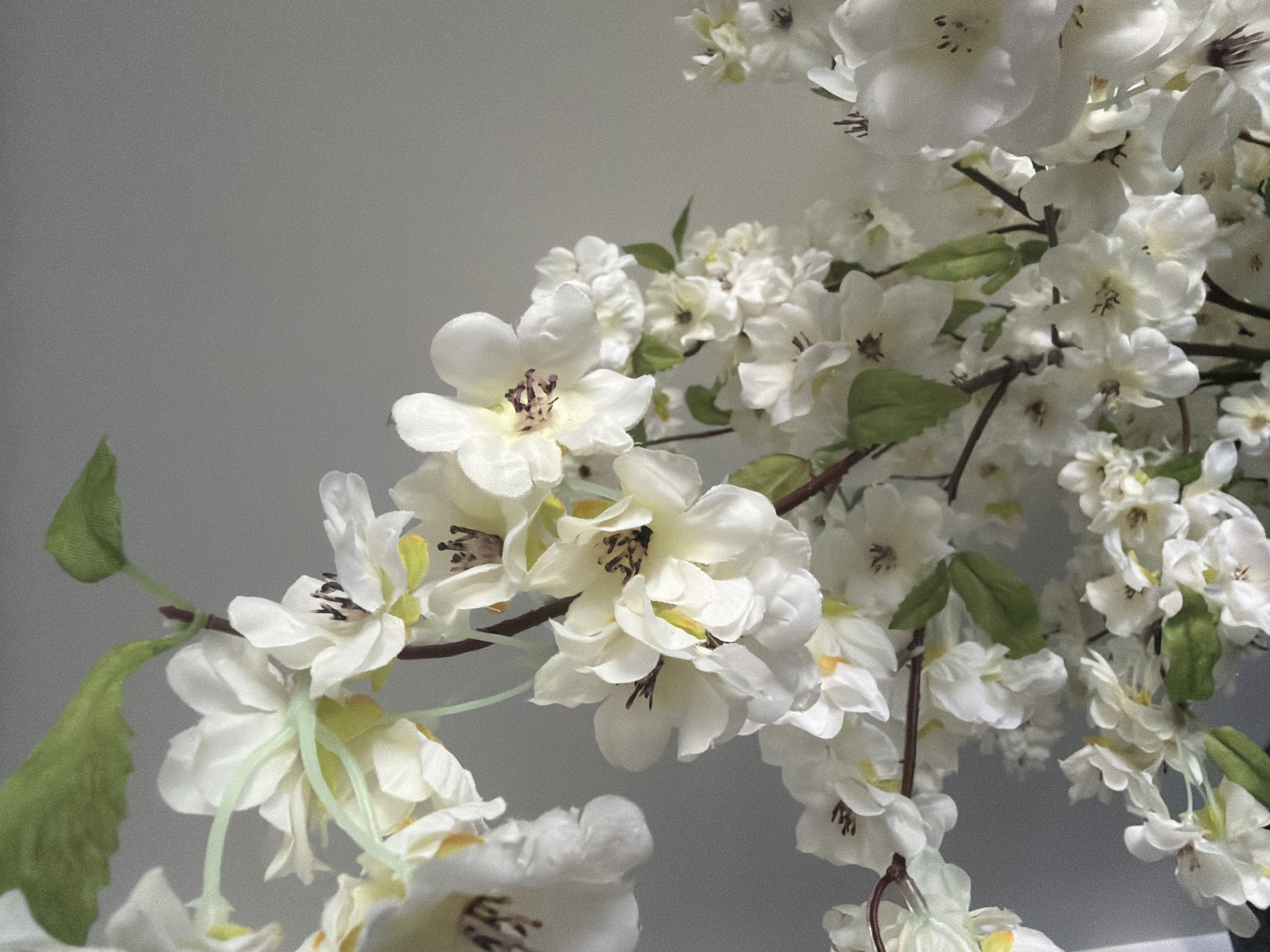The image shows a close-up of a branch with artificial white flowers and green leaves. The flowers have delicate petals and prominent dark stamens. The background is a plain, light gray wall. The image does not contain any elements that would indicate a specific location within the city of Dolno Ablanovo, Bulgaria, or any actions or interactions.