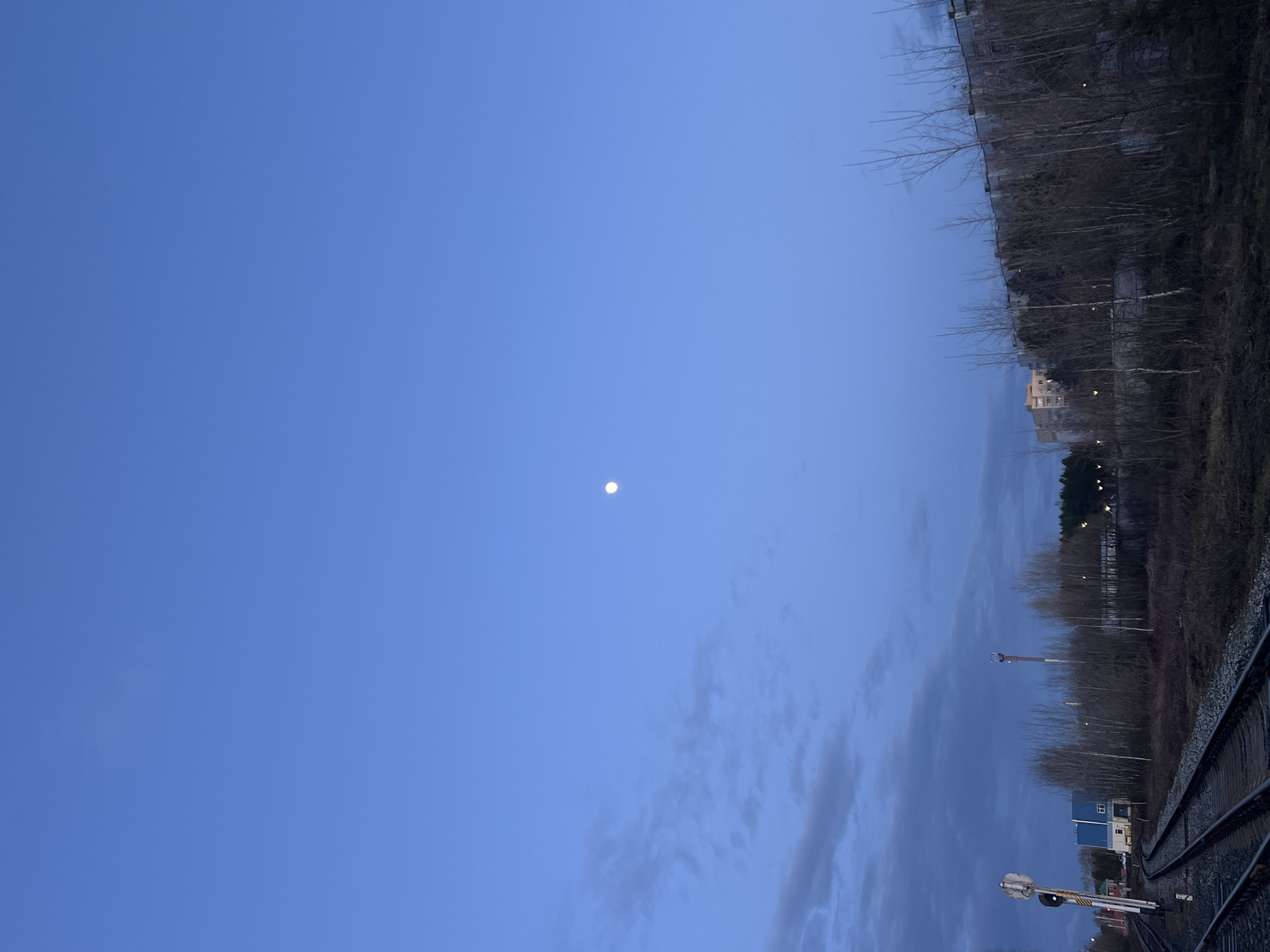 The image depicts a serene twilight or early morning scene, correctly oriented with the sky occupying the majority of the upper frame. A single, bright white moon is prominently featured against a clear, deep blue sky, with a few faint, wispy clouds visible in the lower right portion of the sky.
Below the horizon, a landscape unfolds, dominated by a dense line of bare trees, characteristic of winter or early spring, stretching across the middle ground. Behind these trees, several distant buildings are visible, some with illuminated windows, suggesting artificial lights are on.
In the foreground and extending into the midground on the right side of the image, a set of railroad tracks curves gently into the distance. Alongside the tracks and interspersed within the treeline, various utility poles and railway signals can be seen. A small, distinct blue-roofed building with white walls is situated near the tracks on the left side of the lower frame. Additional ambient lights from distant structures or streetlights punctuate the darkness among the trees.
The scene captures a peaceful, still moment in a railway area, likely near Chaikovsky, Russia, during the transition between night and day. No people or specific activities are visible, and there is no discernible text in the image.