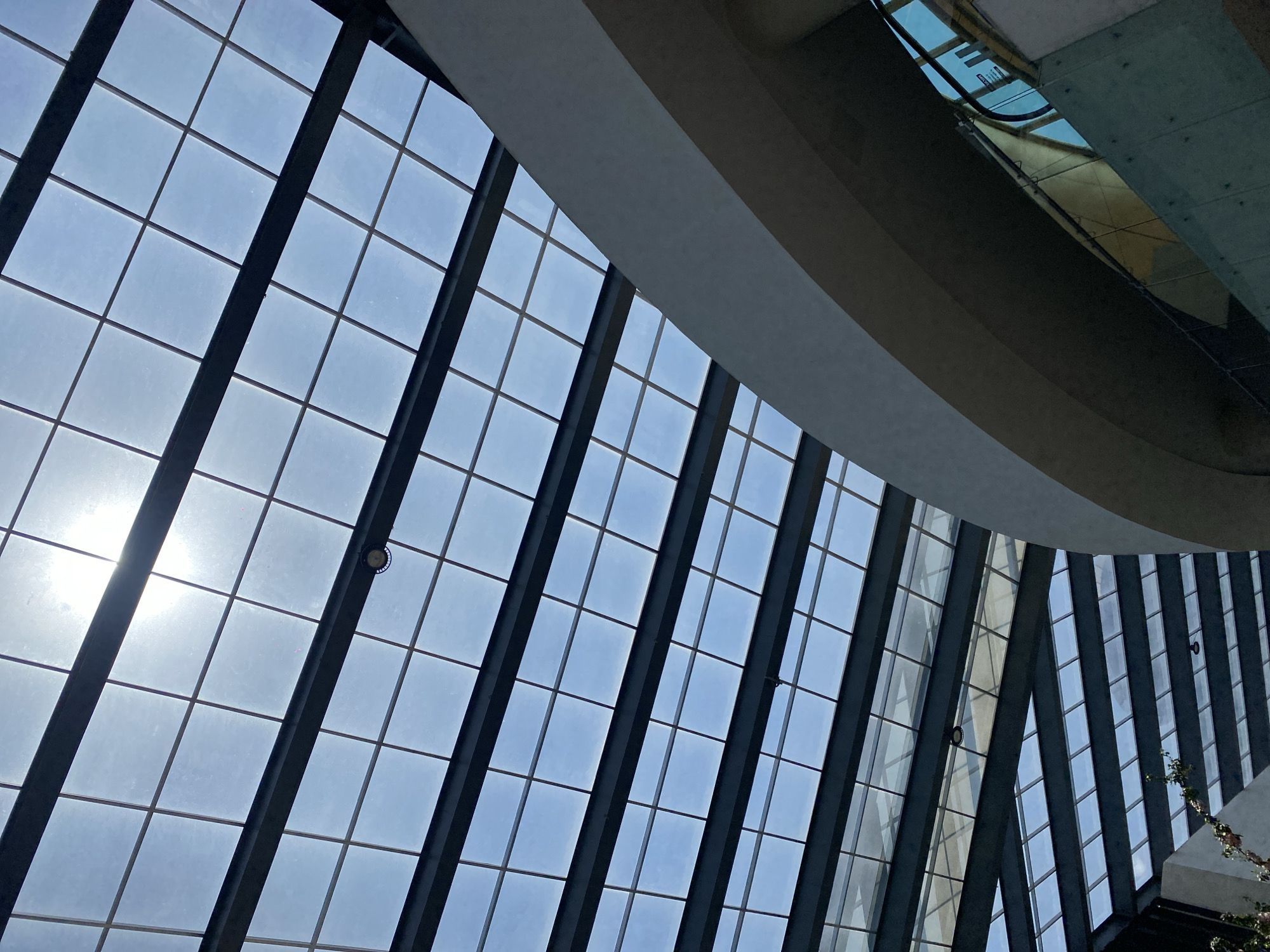 A low-angle shot reveals a large grid of windows looking upwards towards a cloudy sky. The windows are divided by dark support beams that run diagonally across the frame. In the upper right corner, an architectural structure with curved, layered elements is partially visible. The presence of light suggests an indoor environment.