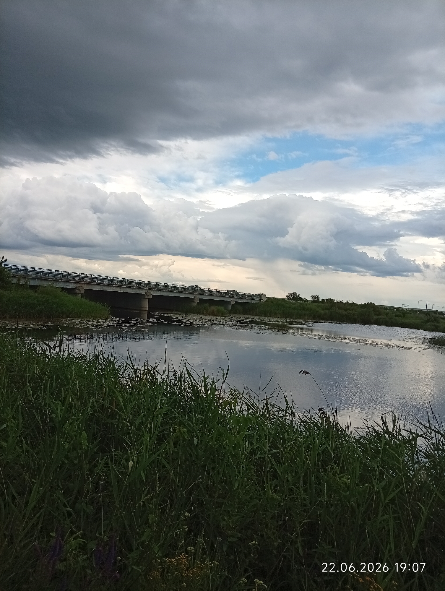 The image depicts a wide-angle view of a body of water in the city of Sarytogay, Kazakhstan. In the foreground, tall green grass lines the bank of the river, with a few purple flowers visible. The water reflects the dramatic, cloudy sky above, which features dark storm clouds on the left and brighter, cumulus clouds on the right. A concrete bridge spans the river in the middle ground, with a road on top. The far bank of the river is covered in green vegetation. The overall atmosphere is moody and overcast, suggesting the possibility of rain. The timestamp "22.06.2026 19:07" is visible in the bottom right corner. There are no people or animals visible in the image.