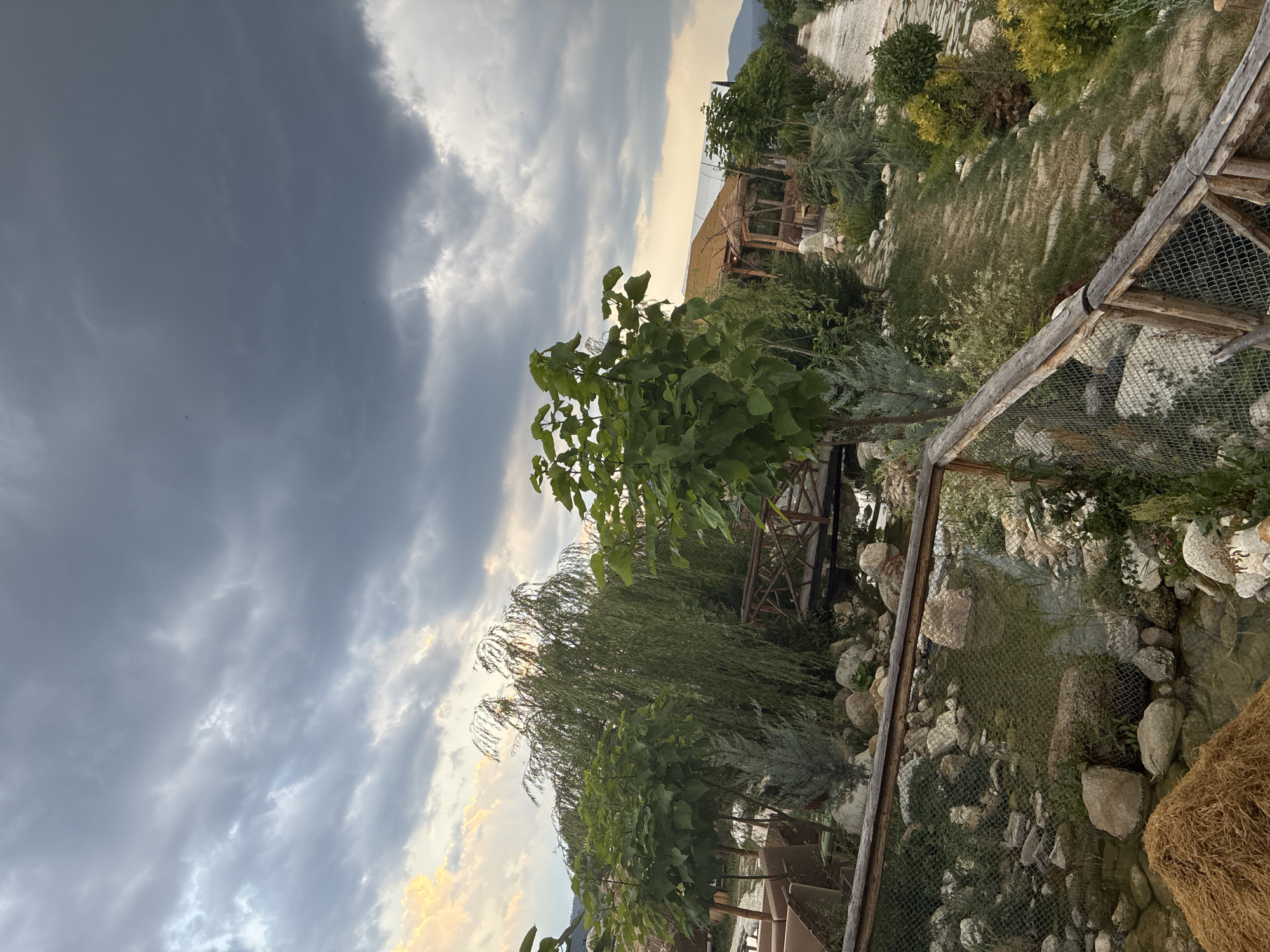 This image depicts an outdoor scene, possibly a park or a restaurant with outdoor seating, in Velingrad, Bulgaria. The foreground features a wooden fence and a mesh barrier enclosing a small stream or pond filled with rocks and water. To the left, there is a pile of straw or dried grass. Beyond the water feature, a small wooden bridge crosses the stream.
Further back, several trees with lush green foliage are visible, including a large weeping willow. To the right, a pathway made of stone slabs winds through a garden area with various shrubs and trees. In the background, a rustic structure with a thatched roof, possibly an open-air pavilion or seating area, is situated amongst the greenery. The sky above is filled with dramatic, dark storm clouds, with hints of lighter sky and sunlight breaking through on the left side. In the far distance, rolling hills are visible against the horizon. There are no people visible in the image.