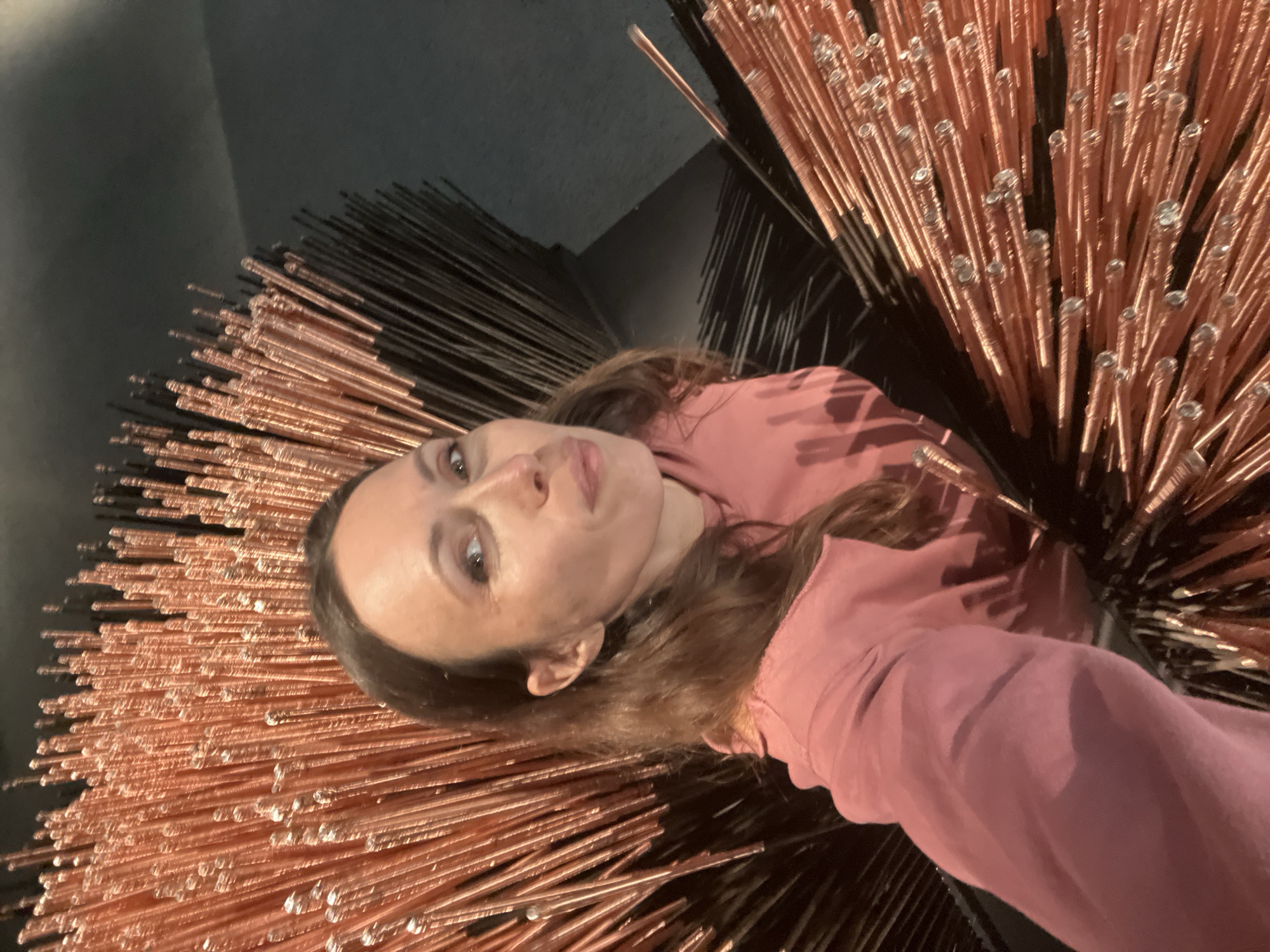 A woman with brown hair and wearing a pink sweatshirt poses with an art installation in Moscow, Russia. The installation consists of a dense arrangement of copper-colored rods, some tipped with clear or silvery elements, radiating outwards from a dark central point. The background is dark, likely the interior of a building or gallery. The woman is positioned within or in front of the installation, her face close to the camera in a selfie style.