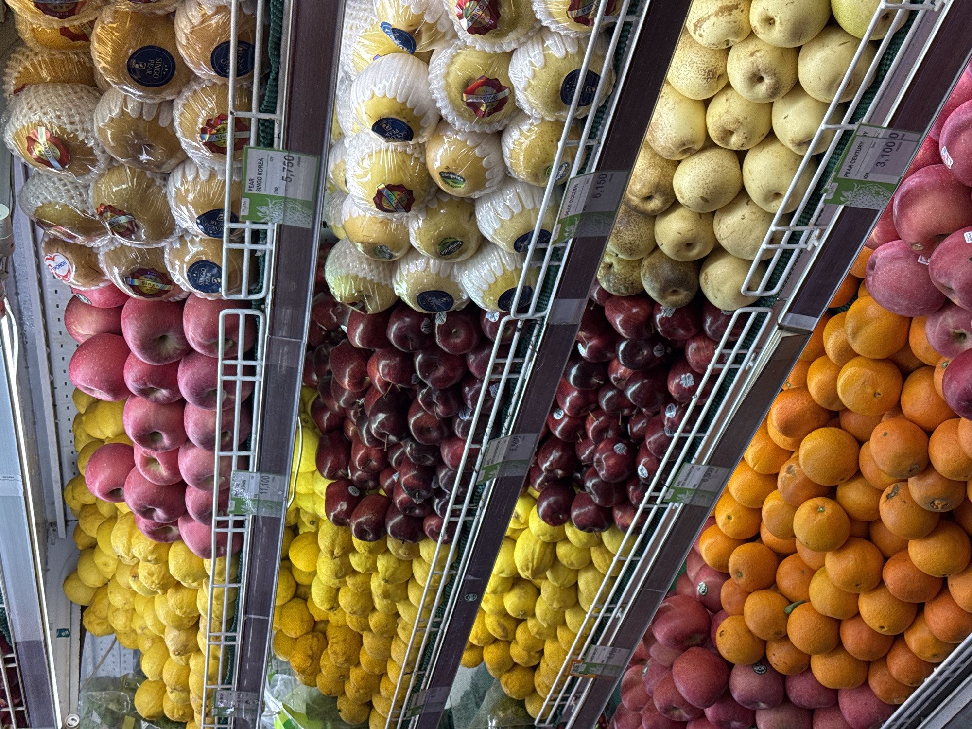 This eye-level, slightly upward-angled shot captures a vibrant display of fresh fruits on shelves within a supermarket or grocery store in North Kuta, Indonesia. The scene is brightly illuminated by artificial indoor lighting.
The image features multiple rows of neatly stacked fruits, arranged diagonally. On the upper left, pale yellow pears, often individually wrapped in clear plastic and white foam nets, are prominent. Some bear stickers with "Singo," "Golden," and "Sunpride" brands. A price tag indicates "PEAR SINGO KOREA IDR 5,750," and another reads "PEAR GOLDEN IDR 6,150."
Adjacent to these are light green and yellowish-brown pears, displayed unwrapped, with a price tag showing "PEAR CENTURY IDR 3,100." Below these pears and extending towards the lower left are abundant bright yellow lemons.
To the right, rows of bright red apples are visible, some with a price tag of "11,100." Further right, and also on lower shelves, are numerous bright orange citrus fruits, likely oranges or tangerines. More red apples and lemons are seen in various sections of the display, contributing to a rich and colorful array.
No people are visible. The focus is entirely on the diverse and well-organized fruit selection. Other visible text includes "POHON," "6,500," and numeric codes like "5014" and "500," likely product or inventory identifiers.