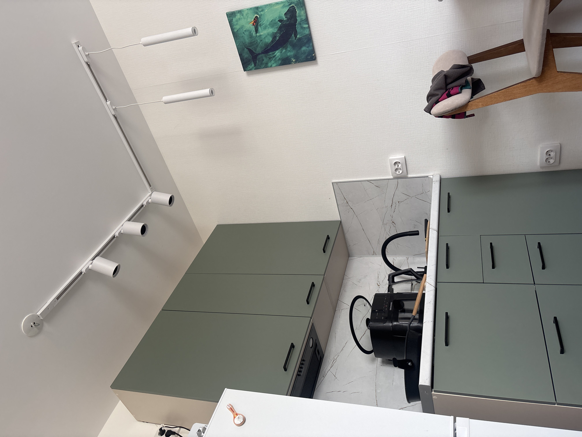 The scene depicts an interior space, possibly a kitchen, in Unknown, Unknown. The walls are light colored with a painting of a whale. A track lighting system runs along the ceiling. Cabinets in shades of green line the walls, featuring sleek, black handles. An electric outlet is visible above the cabinets. The kitchen appears to have a marble backsplash. A black appliance with tubing and a wooden handle is also visible.