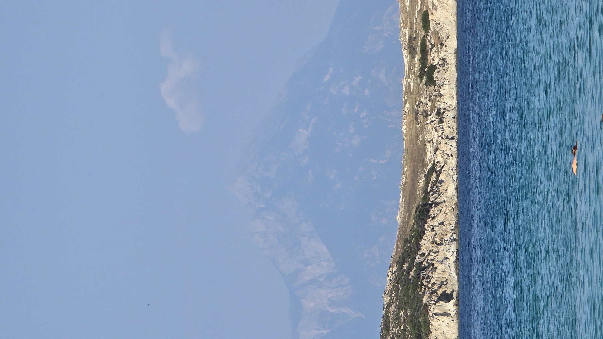 This media file captures a scenic view of the coast in Toroni, Greece. The image is oriented vertically, with the sky on the left and the sea and rocky coastline on the right. In the clear blue sky, a small, wispy cloud is visible. In the distance, hazy blue mountains rise, suggesting a clear day with good visibility.
The foreground is dominated by a rugged, rocky coastline that slopes down towards the sea. Patches of green vegetation cling to the rocky slopes. The sea is a vibrant, deep blue, with a textured surface indicating gentle waves.
In the water, two individuals are engaged in swimming or a similar water activity. One person, closer to the shore, appears to be swimming. Further out, another person is visible, mostly submerged in the water with only their head and shoulders above the surface. They seem to be swimming or treading water.
The overall impression is one of a beautiful, sunny day at a coastal location. The presence of the sea and the rocky shore strongly suggests a Mediterranean setting. The activity of the swimmers implies leisure and recreation. No text is visible in the image. The lighting suggests it is daytime, likely midday or early afternoon, given the brightness of the sky and the clarity of the scene.