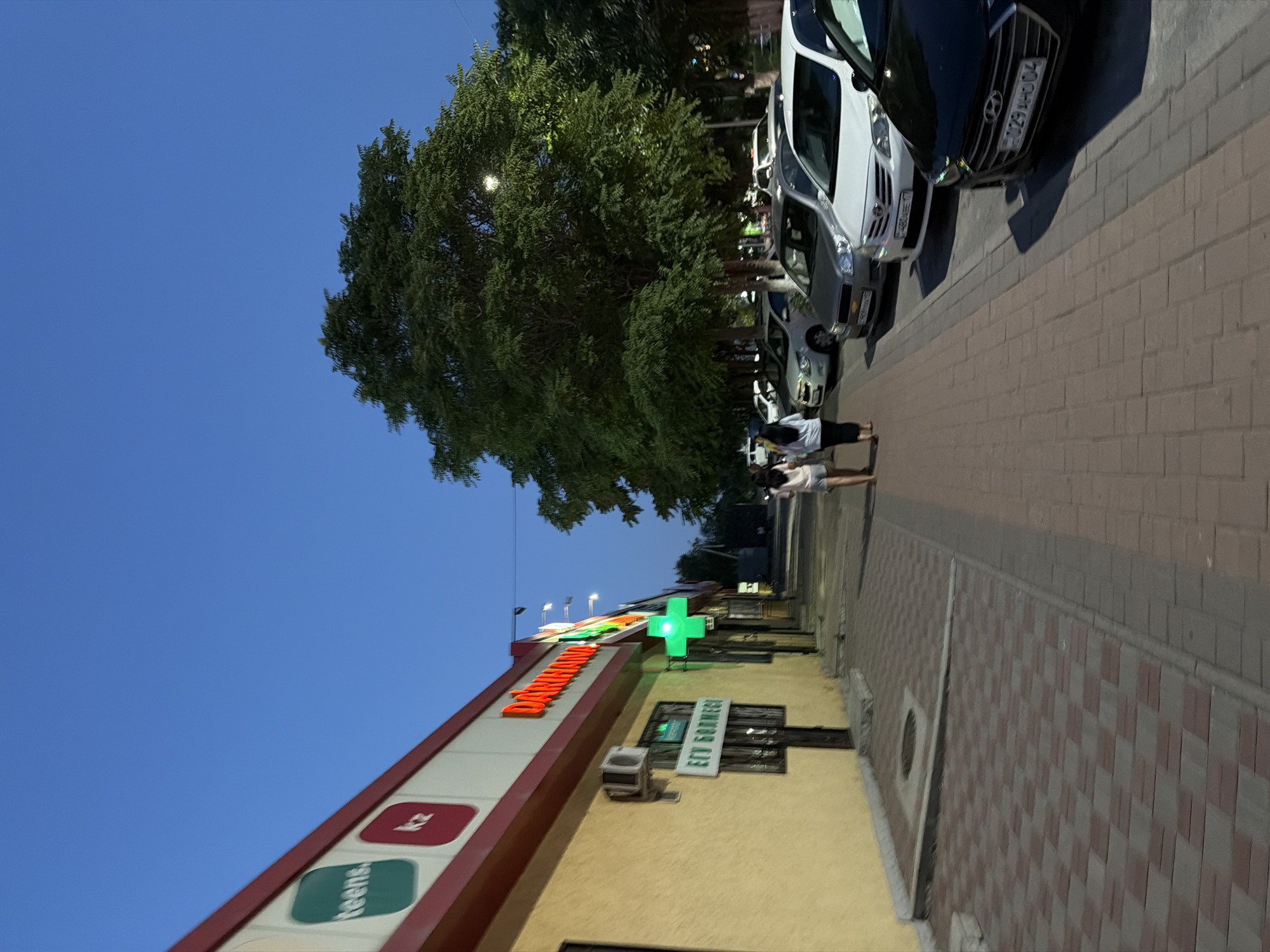 The image depicts a street scene in Shymkent, Kazakhstan, likely in the evening or twilight given the clear blue sky and artificial lighting. A building with a prominent red and white sign displaying orange lettering that spells "DARMAS" is visible. Below this sign, there are smaller square icons, one red with a white symbol and another green with the word "TEENS" in white. A bright green illuminated cross, a common symbol for pharmacies, stands next to the building.
A line of cars is parked along a paved walkway made of brick-like tiles. The cars appear to be of various models, some dark and some white. One license plate is partially visible, reading "B029 LHD 04". Two individuals, a woman in a white top and denim shorts and another person behind her, are standing on the walkway near the parked cars. Their posture suggests they might be walking or paused, with no clear indication of a specific event. The presence of the pharmacy sign and the parked cars suggests a commercial or residential area. The overall ambiance is calm and ordinary, with no discernible strong emotions conveyed by the subjects. The lighting suggests it's either early morning or late evening.