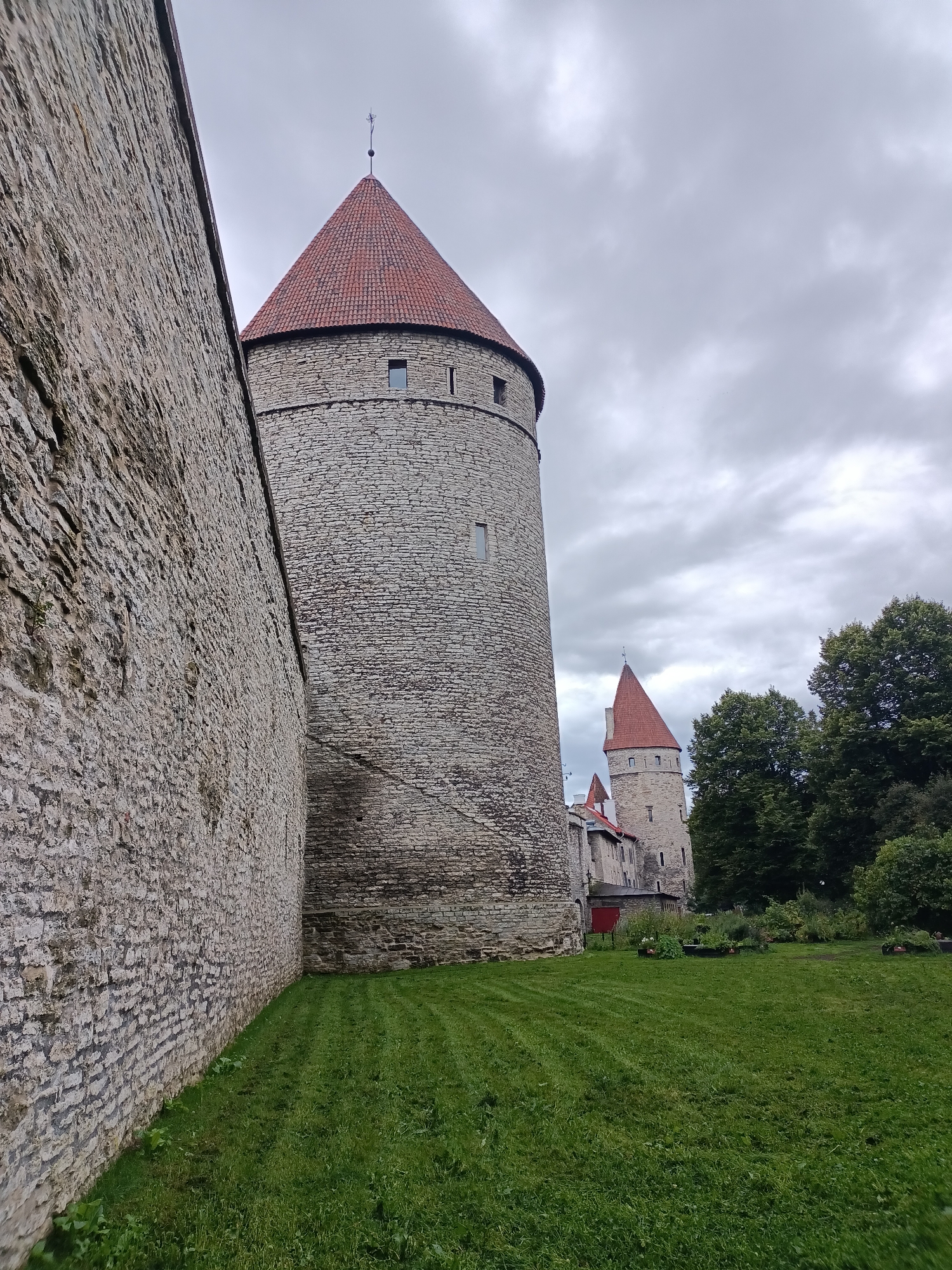 The image shows the medieval city walls and towers of Tallinn, Estonia. In the foreground, a thick stone wall runs along the left side of the frame, its rough-hewn blocks showing signs of age. To the right of the wall, a large, cylindrical stone tower with a conical red tiled roof rises prominently. It has a few small, rectangular windows. Behind this main tower, another, slightly smaller tower with a similar roof is visible, along with parts of other buildings.
The area in front of the towers is a well-maintained grassy lawn, with neatly mown stripes creating a pattern. Further back, beyond the lawn, is a cluster of lush green trees. The sky is overcast with grey clouds, suggesting a temperate climate. The overall scene conveys a sense of historical grandeur and a peaceful, slightly somber atmosphere typical of overcast days in a historic European city. The architecture is characteristic of the fortifications that once protected Tallinn.