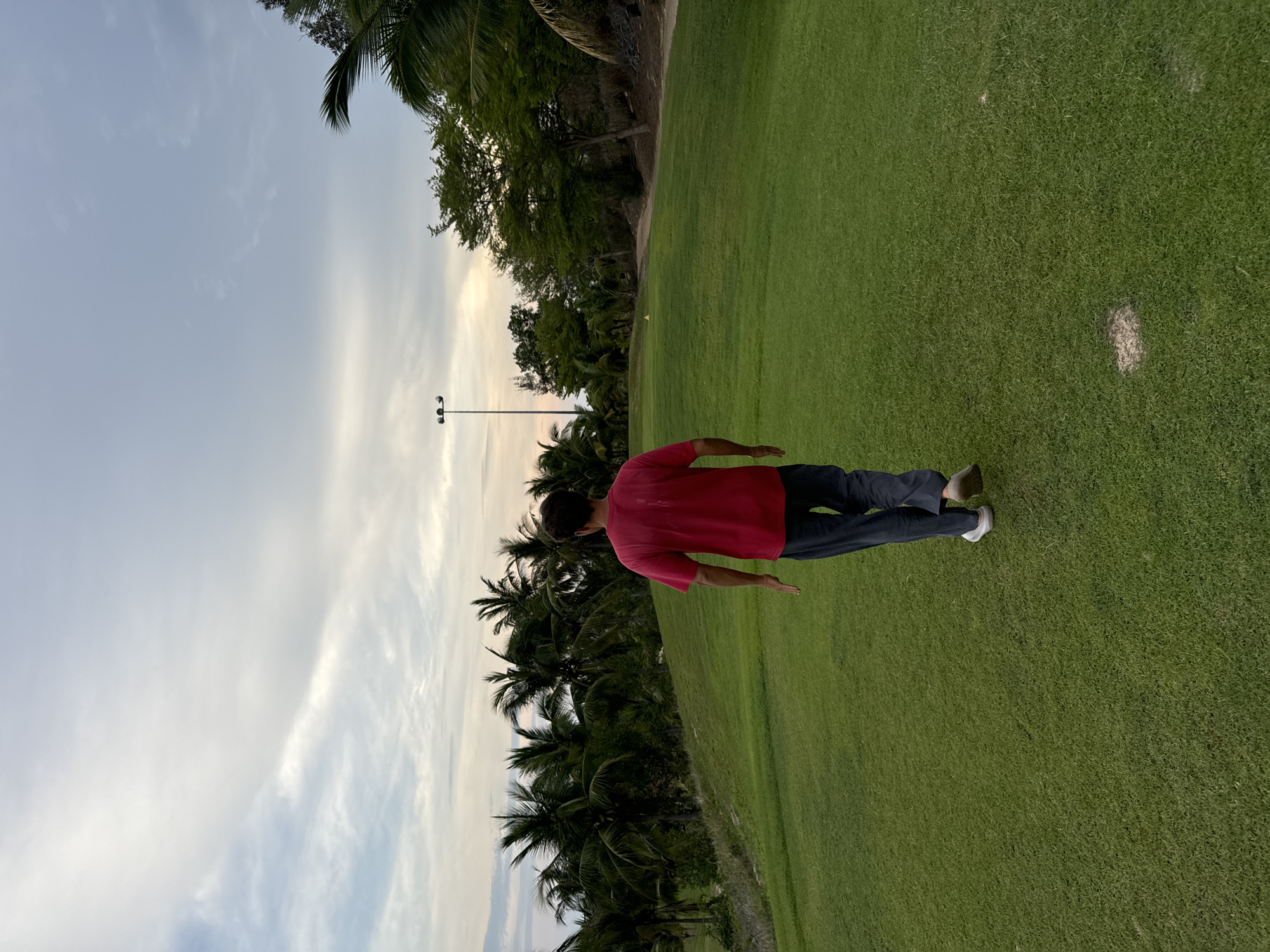 A person wearing a red shirt and dark pants stands on a grassy field. The sky is visible with light clouds. Palm trees are in the background, along with other trees and a light pole. The person is facing away from the camera with their arms outstretched. Phú Thủy, Vietnam is not discernible from this image.