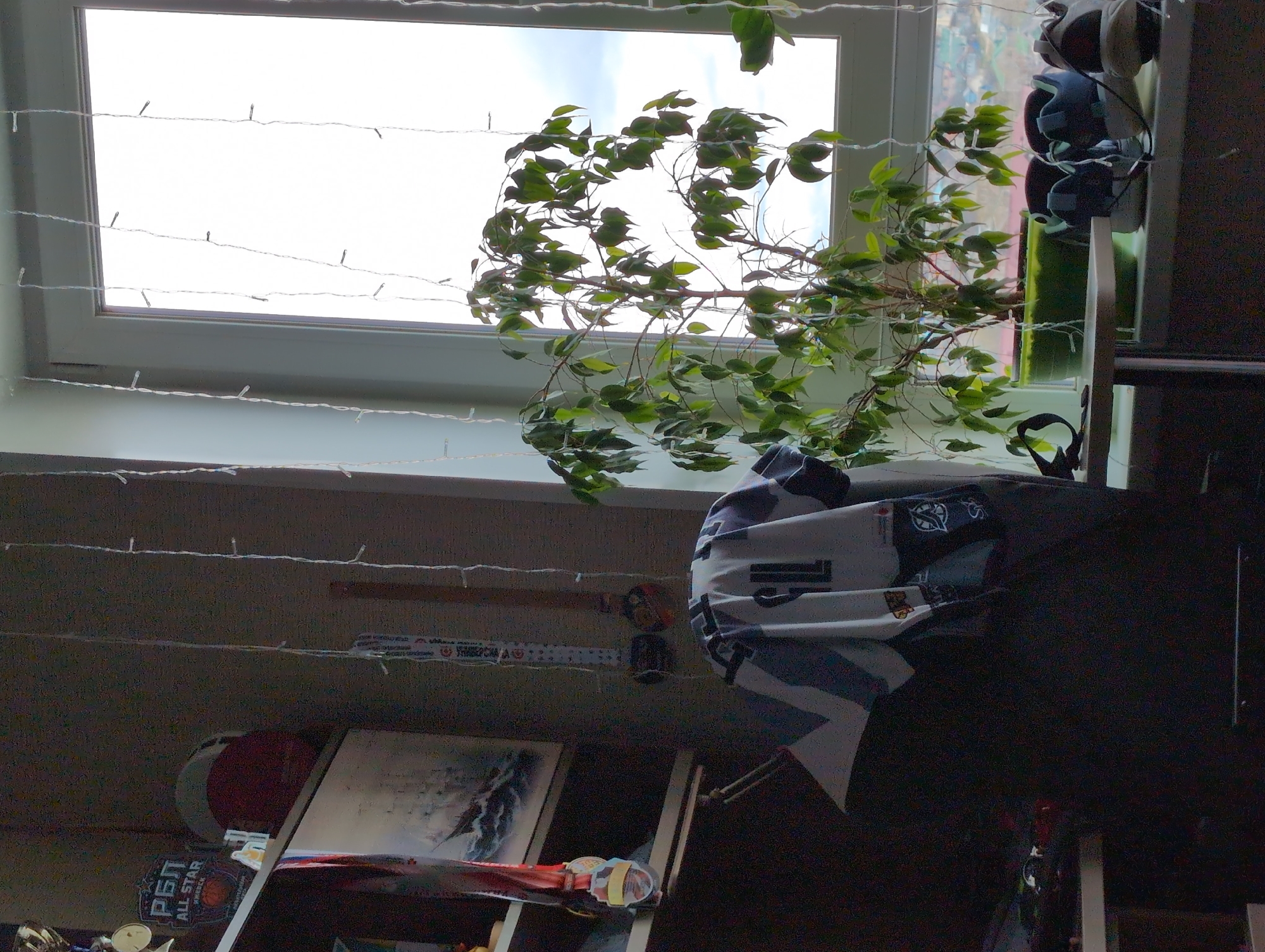The image shows an interior scene with a window, a plant, and various objects on shelves. Light strands are hung around the window. Below the window are shelves containing pictures, stickers, and a backpack. The setting appears to be a cluttered room in a residential area. The presence of a "РБЛ ALL STAR Izhevsk" sticker suggests the location is Izhevsk, Russia.