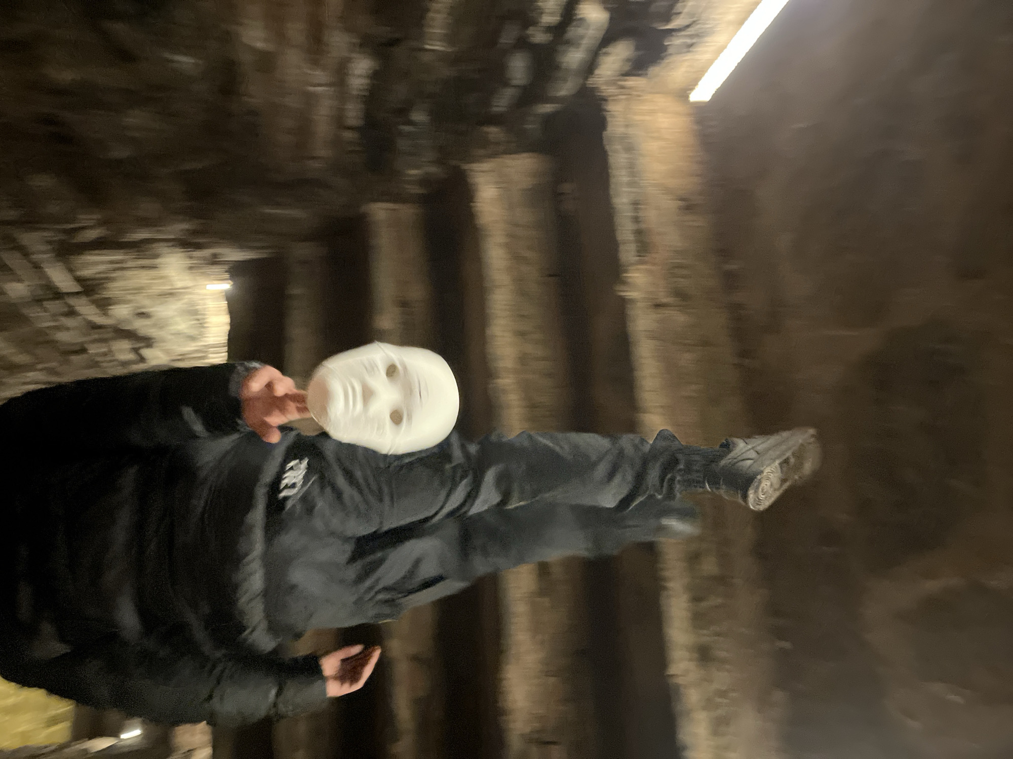 A single individual descends an ancient stone staircase in a dimly lit, subterranean structure, consistent with an archaeological site in Plovdiv, Bulgaria, likely a passage or substructure of the Roman Stadium of Philippopolis. The subject, viewed from behind and slightly to the left, wears a dark puffer jacket, dark trousers, and dark athletic shoes. A white, featureless mask with two eyeholes is held dangling from the subject's right hand. The rough-hewn stone walls and steps exhibit historical wear. Artificial lighting, including a visible fluorescent tube on the upper right, illuminates the scene, which is characterized by motion blur.