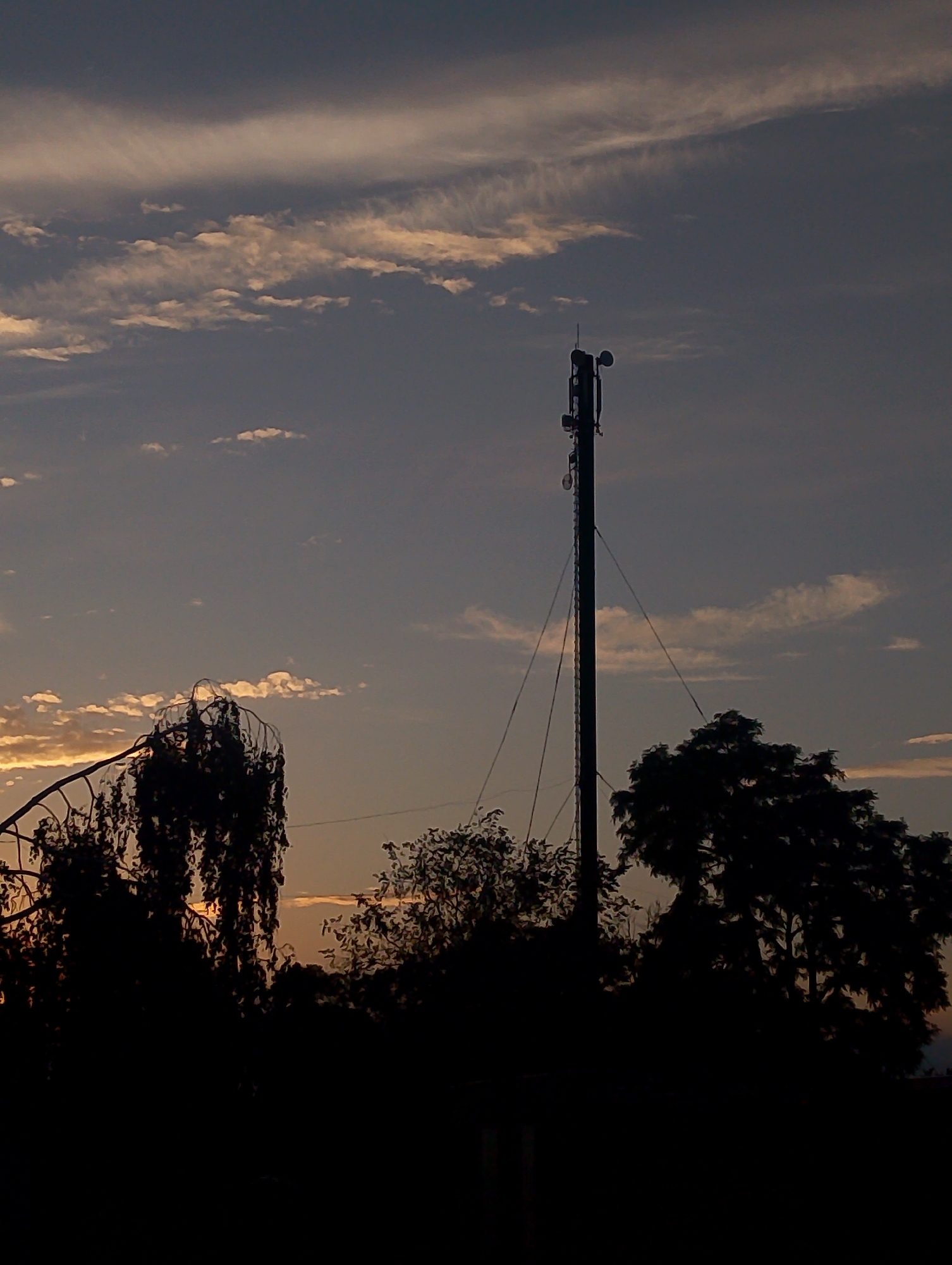 This image depicts a silhouette of a cell tower and trees against a twilight sky. The sky is a gradient of deep blue and grey, with wispy, elongated clouds streaked with faint orange and white, suggesting the sun has recently set or is about to rise. The cell tower, a tall, dark structure, stands prominently in the center-right of the frame, its antennas and equipment visible as dark protrusions against the sky. Several guy wires extend from the tower to the ground, also in silhouette.
To the left and right of the cell tower, the dark silhouettes of trees frame the scene. The trees on the left are weeping varieties, with long, drooping branches that create a curtain-like effect. The trees on the right are more typical in shape, with fuller canopies. The overall effect is one of quietude and a somewhat stark, rural landscape, characteristic of a location like Ustyvytsia, Ukraine. The time of day is clearly dusk or dawn, with the fading light casting long shadows and muting the colors of the environment. No people or specific activities are visible, focusing the attention on the atmospheric and structural elements of the scene. There is no visible text.