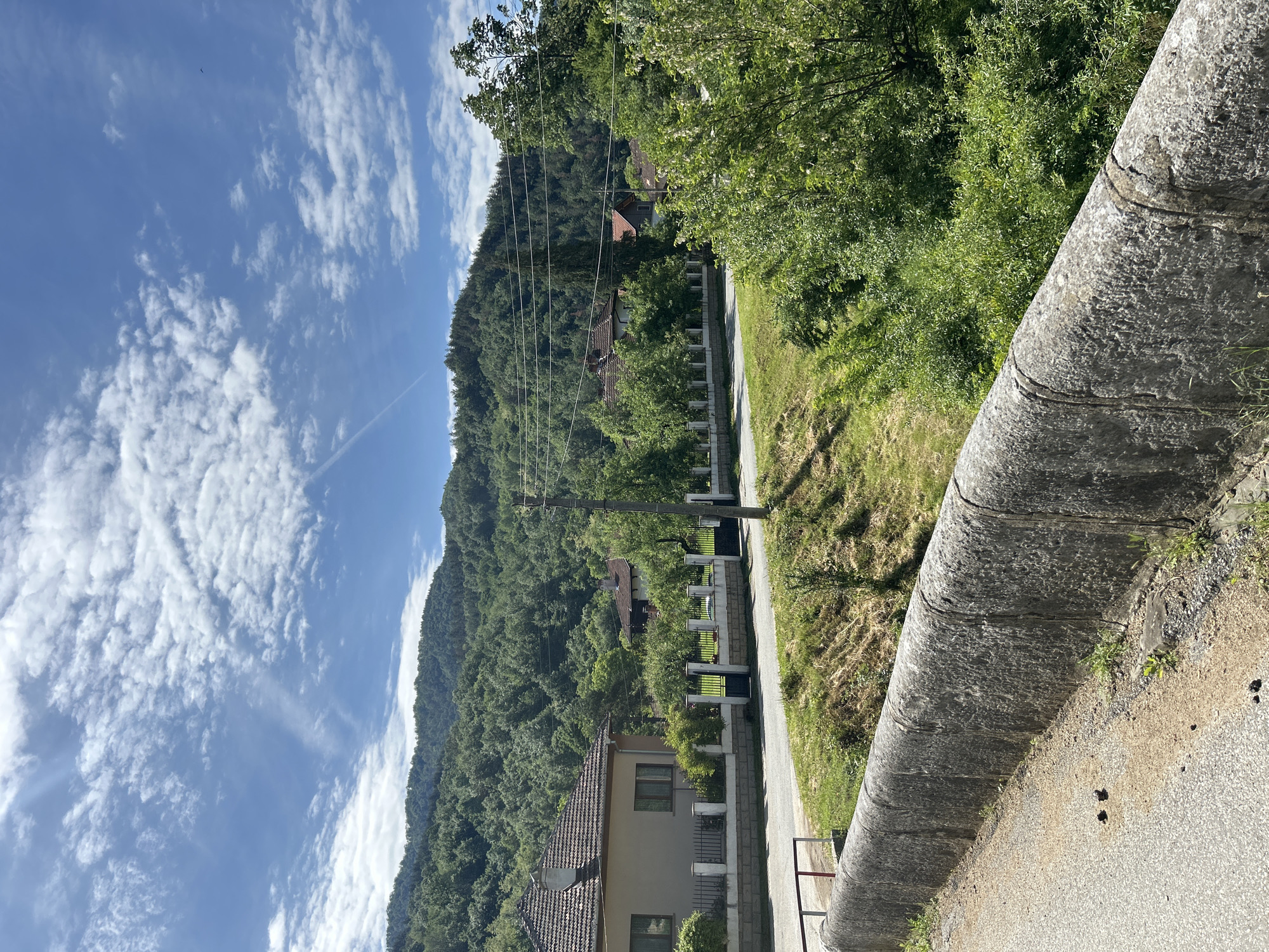 This vertically oriented image captures a bright, sunny rural or semi-rural landscape, likely situated in a mountainous or hilly region. The scene is illuminated by strong daylight, with a clear blue sky dominating the upper portion, dotted with scattered white cumulus clouds. A faint airplane contrail is visible towards the bottom left of the sky, and a small dark speck, possibly a distant bird, can be seen higher up.
In the background, a large, verdant hill or mountain rises, covered densely with lush green trees. Several houses with distinctive tiled roofs and light-colored facades are nestled among the trees on the lower slopes and in the midground, suggesting a small settlement. A paved road or path runs horizontally across the midground, bordered by a low fence or hedge line. Utility poles and power lines stretch across the scene, indicating infrastructure.
The foreground is anchored by a sturdy, textured stone wall or barrier that runs diagonally from the bottom right towards the center, separating the paved surface from a grassy embankment. The ground adjacent to the wall on the path side shows a mix of asphalt and dirt with some sparse vegetation.
The image conveys a sense of peaceful natural beauty and a quiet, unassuming residential area. There is no visible activity or text.