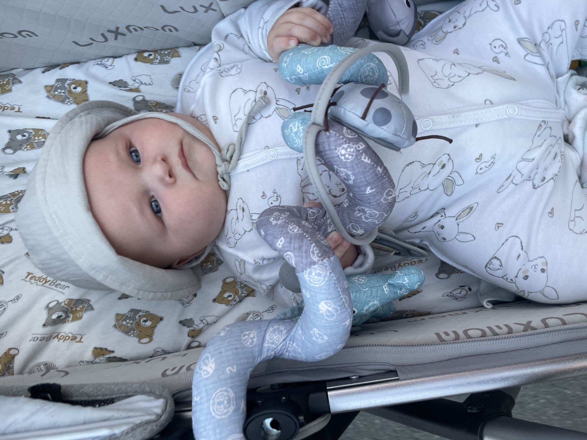 A close-up, eye-level shot captures a baby dressed in a white onesie with a teddy bear and bunny print, wearing a light-colored sun hat. The baby has blue eyes and is looking directly at the camera. The baby is nestled in a stroller with a grey frame, a patterned interior featuring teddy bears and bunnies, and a toy hanging from the stroller's bar. The background is slightly blurred, suggesting an outdoor setting, possibly a park or sidewalk. The image appears to be taken in the city of Stavropol, Russia.