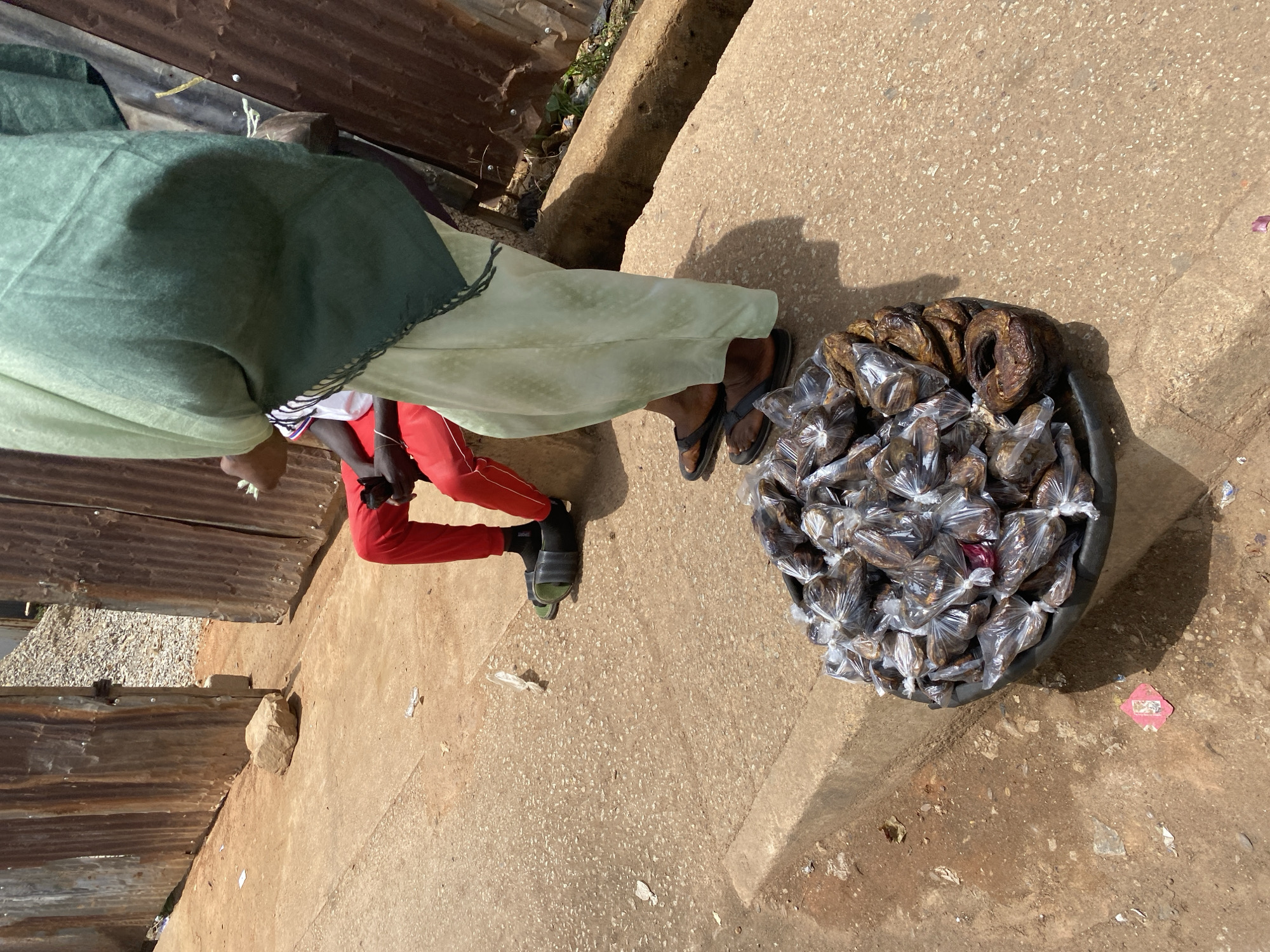 A woman in Bukuru, Nigeria, is seated on a concrete ledge, adjacent to a corrugated metal structure, selling fish. She wears flip-flops, red pants, and a light-colored dress covered with a green cloth. A large basin is positioned next to her, filled with smoked fish. Some are individually wrapped in clear plastic bags. There are also a few large, donut-shaped smoked fish placed on top of the wrapped fish. The setting appears to be a street or sidewalk.