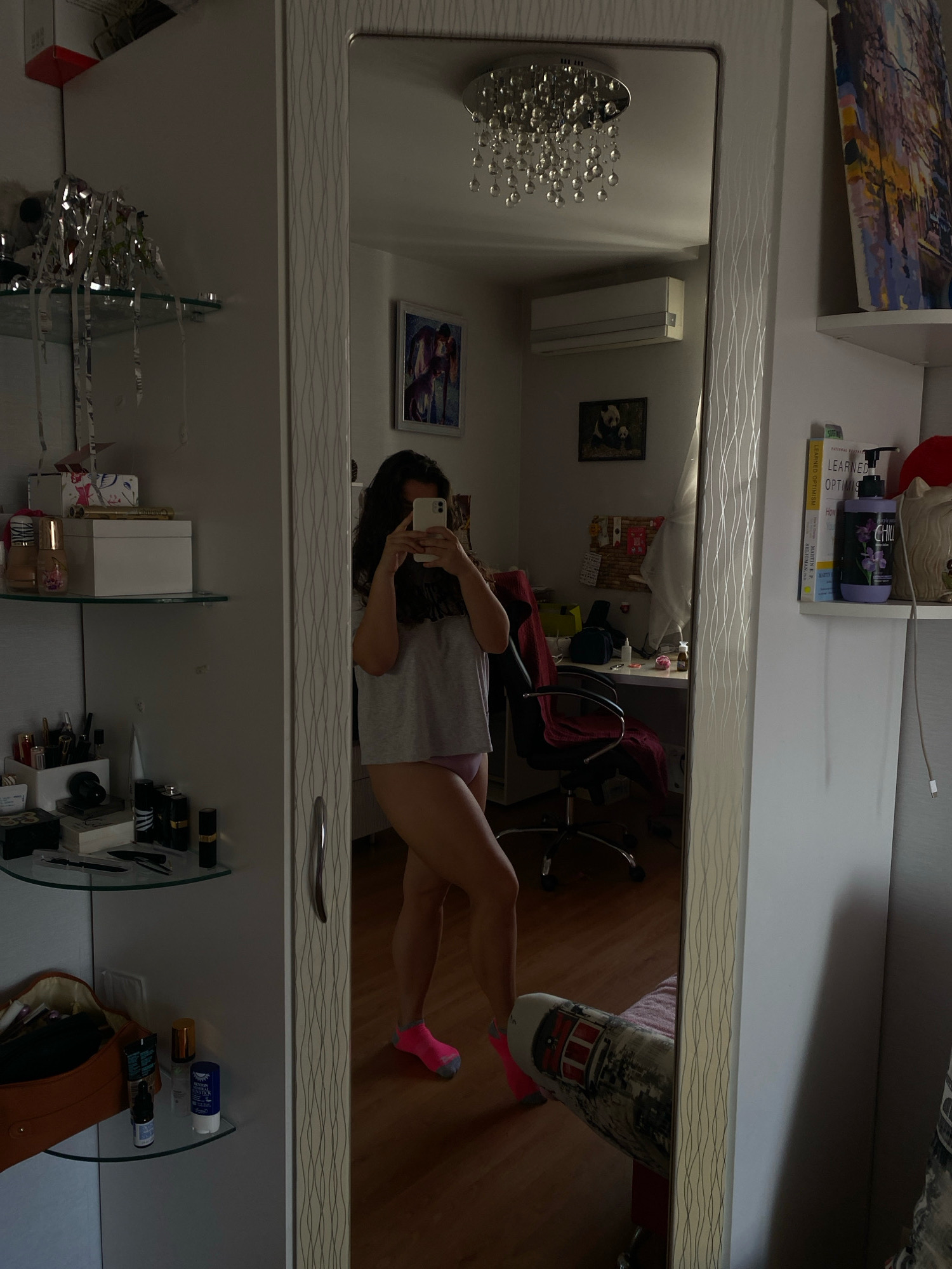 The image shows a woman taking a mirror selfie in a room. She is wearing a grey t-shirt and pink underwear, and pink socks. The room appears to be a bedroom or a dressing room, with a large mirror, shelves filled with various items, and a desk with a computer chair. The woman is holding her phone in her right hand, aiming it at the mirror to capture her reflection. The background shows a cluttered environment with personal belongings, decorations, and furniture. The image does not contain any information about the location of Perm, Russia.