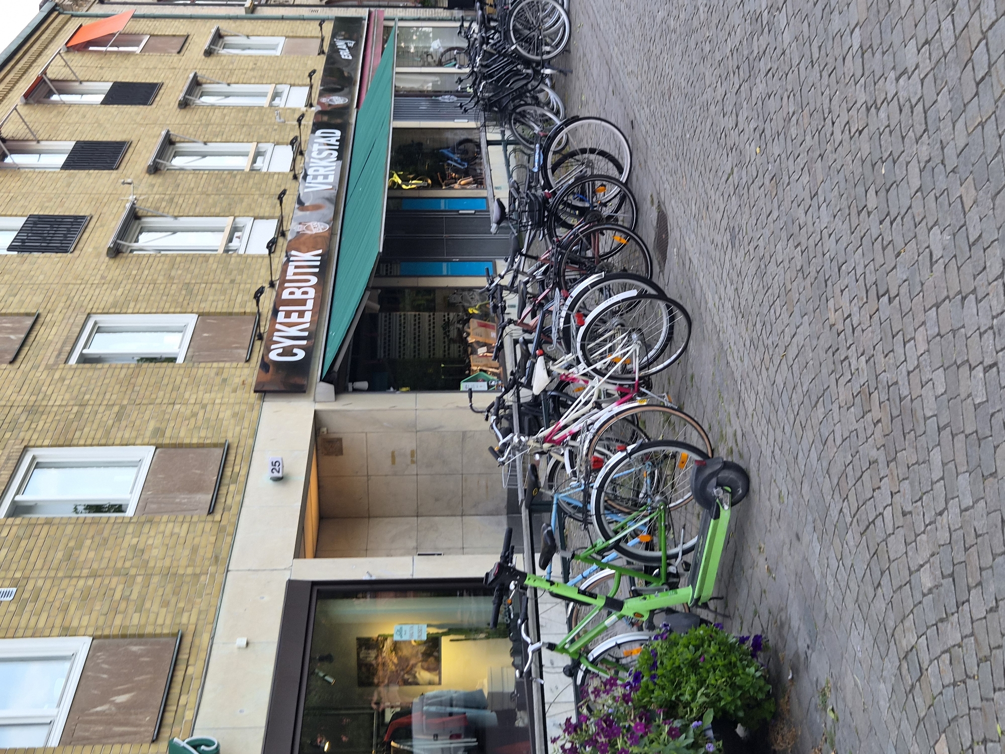 The image captures a storefront in Varberg, Sweden, identified by the signage "CYKELBUTIK VERKSTAD" (Bike Shop Workshop) and "ERLAN" which likely refers to the shop's name. The building is constructed of yellow brick. In front of the shop, a row of bicycles is parked on a cobblestone sidewalk, along with a bright green electric scooter. The bicycles appear to be for sale or rent, with some featuring baskets and various frame colors. The sidewalk is bordered by a low wall and some green foliage with purple flowers in the foreground. A large window of the shop displays items inside, including mannequins and what appears to be artwork. The overall scene suggests a typical street view of a commercial area in a European city, with a focus on cycling.