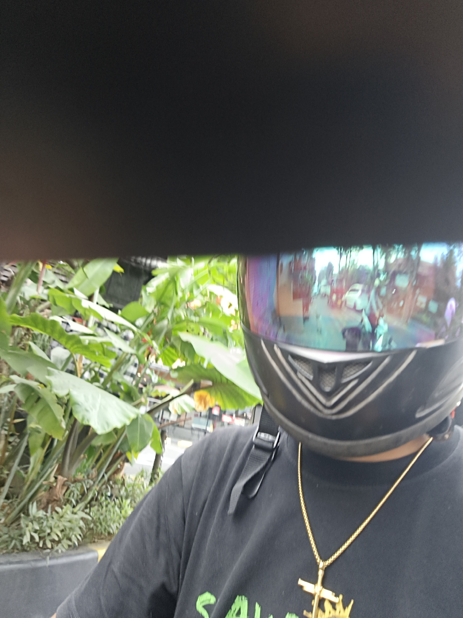 A person wearing a black t-shirt and a black motorcycle helmet with a rainbow-tinted visor is captured from the chest up, facing forward. The helmet visor reflects a street scene with vehicles and trees. To the left of the person, lush green tropical plants, possibly banana plants, are visible, suggesting an outdoor setting. The person is wearing a gold chain with a cross pendant. The image appears to be a selfie taken from a low angle. The location is specified as Denpasar, Indonesia.