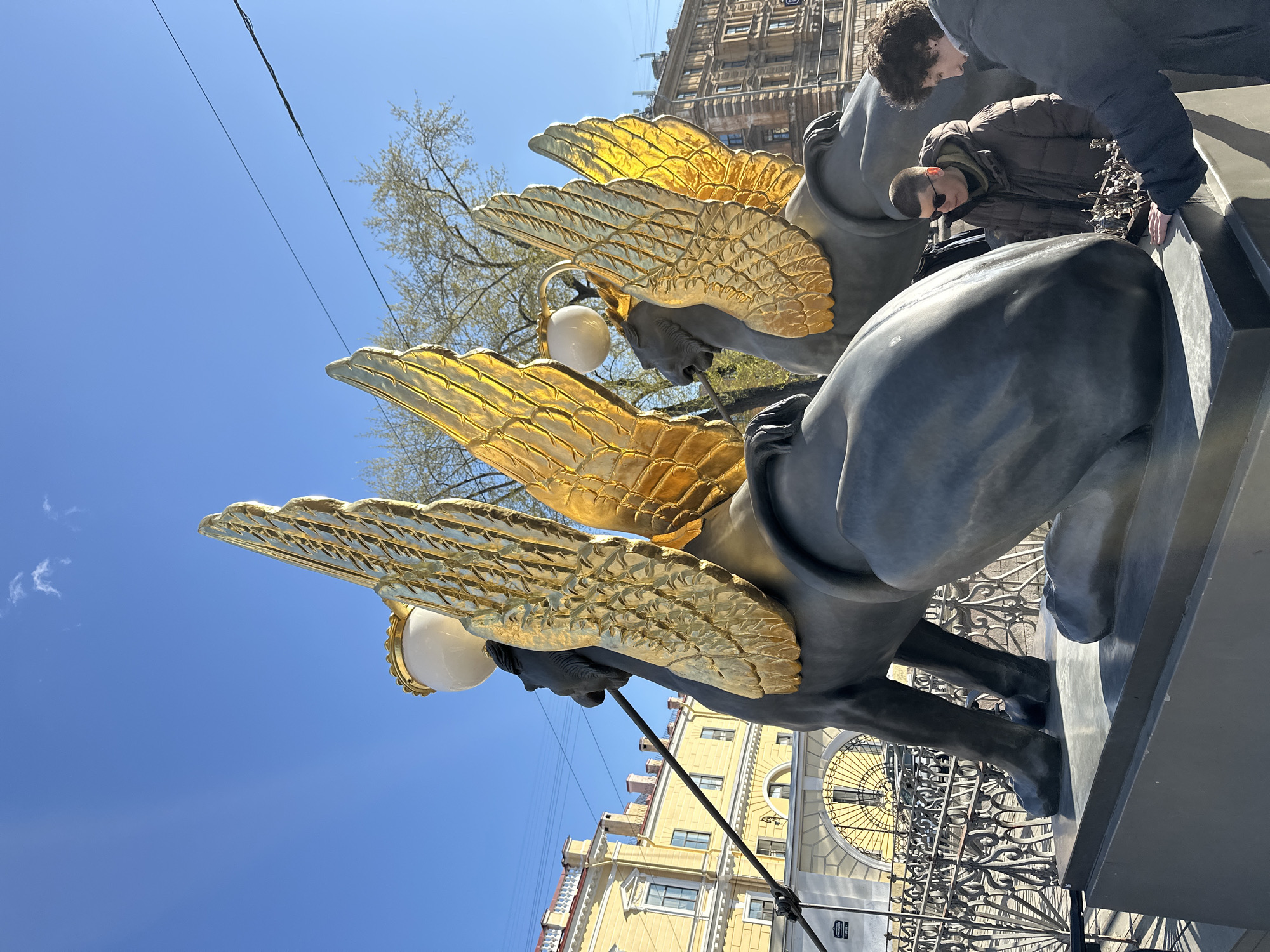 The image captures a low-angle, upward view of a monumental statue featuring two imposing, dark gray winged creatures, likely griffins or sphinxes, adorned with striking golden wings. Each creature's head is accompanied by a spherical white lamp, suggesting they are part of a decorative street light or bridge ornament.
In the upper right portion of the frame, two individuals, appearing to be men, are visible interacting with the structure. One man, wearing a brown jacket and sunglasses, with a shaved head, is leaning forward over a dark gray ledge or pedestal, looking intently downwards. Another person, mostly obscured, stands nearby.
The background features a clear, bright blue sky with faint power lines crisscrossing it. To the left, a tree with delicate, bare branches or early spring foliage is visible. Behind the statues, a tall, ornate building with multiple windows, characteristic of classic urban architecture, stands under the sunlight. Below the statues, a decorative black metal fence or grate can be partially seen.
The scene depicts a sunny day with clear weather in an urban environment, strongly suggesting the location is the Bank Bridge in Saint Petersburg, Russia, known for its iconic griffins with golden wings. There is no visible text in the image.