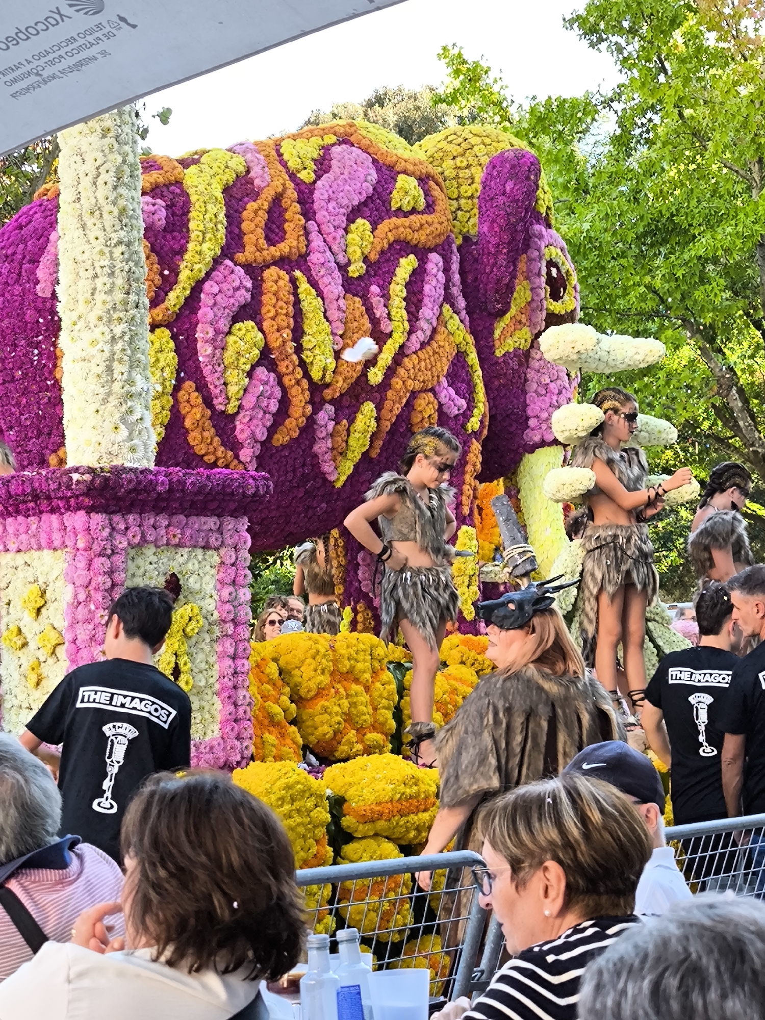 The image depicts a vibrant floral float, likely part of a festival, in the city of Laredo, Spain. The float itself is elaborately decorated with a multitude of colorful flowers, forming a large, abstract design with prominent purple, pink, and yellow hues. A tall, thick column covered in white flowers stands on the left side of the float.
Several people are visible in the foreground and around the float. Two children dressed in what appear to be tribal or historical costumes, adorned with faux fur and dark makeup, are positioned on the float. One child is standing and looking to the left, while the other is slightly turned and looking to the right, holding a white floral element.
In the foreground, to the left, a young person wearing a black t-shirt with the white text "THE IMAGOS" and a microphone logo is visible from the back. Further to the right, a woman with blonde hair is wearing a fur-like costume and a dark headpiece with antlers and a mask. Several other individuals, including adults and children, are partially visible in the background, some looking towards the float.
The environment suggests an outdoor event, with lush green trees visible in the upper right portion of the image. A metal barrier runs across the lower part of the frame, separating spectators from the float. The overall scene conveys a festive and celebratory atmosphere.