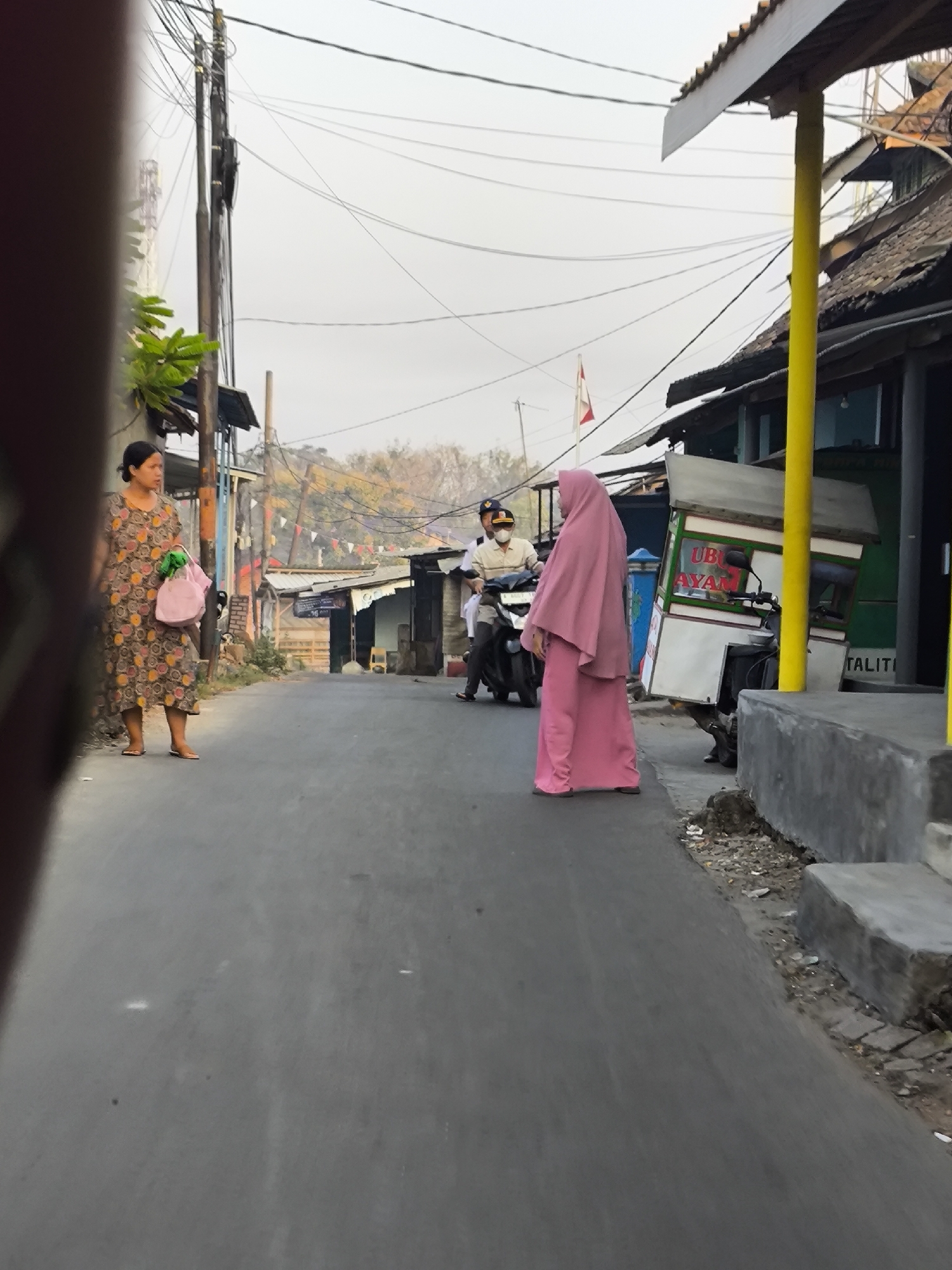 In Cilegon, Indonesia, on a street with a gray asphalt surface, a woman in a floral-patterned dress stands on the left side, holding a pink bag and carrying green items. To her right, a person in a pink hijab faces away from the camera. In the background, a man on a motorcycle wears a white shirt and a mask, with another person behind him. Adjacent to them is a food cart with a green and white canopy, and signs that read "UBI AYAM" and "TALITI". The street is lined with buildings and utility poles, with power lines overhead. The environment appears to be a street scene with some debris on the side of the road.