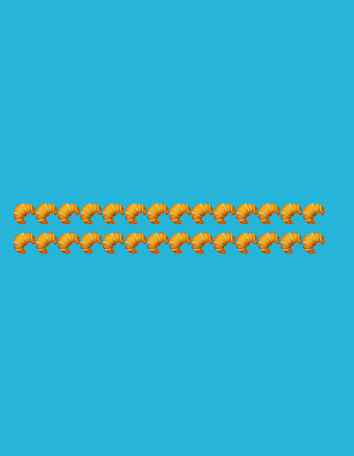 The image shows a blue background with two rows of croissants. The croissants are golden brown and appear to be uniformly spaced in each row. The top row has 13 croissants, and the bottom row also has 13 croissants. There are no people, buildings, or any other objects visible in the image. The image does not depict any location in the city of Liège, Belgium.