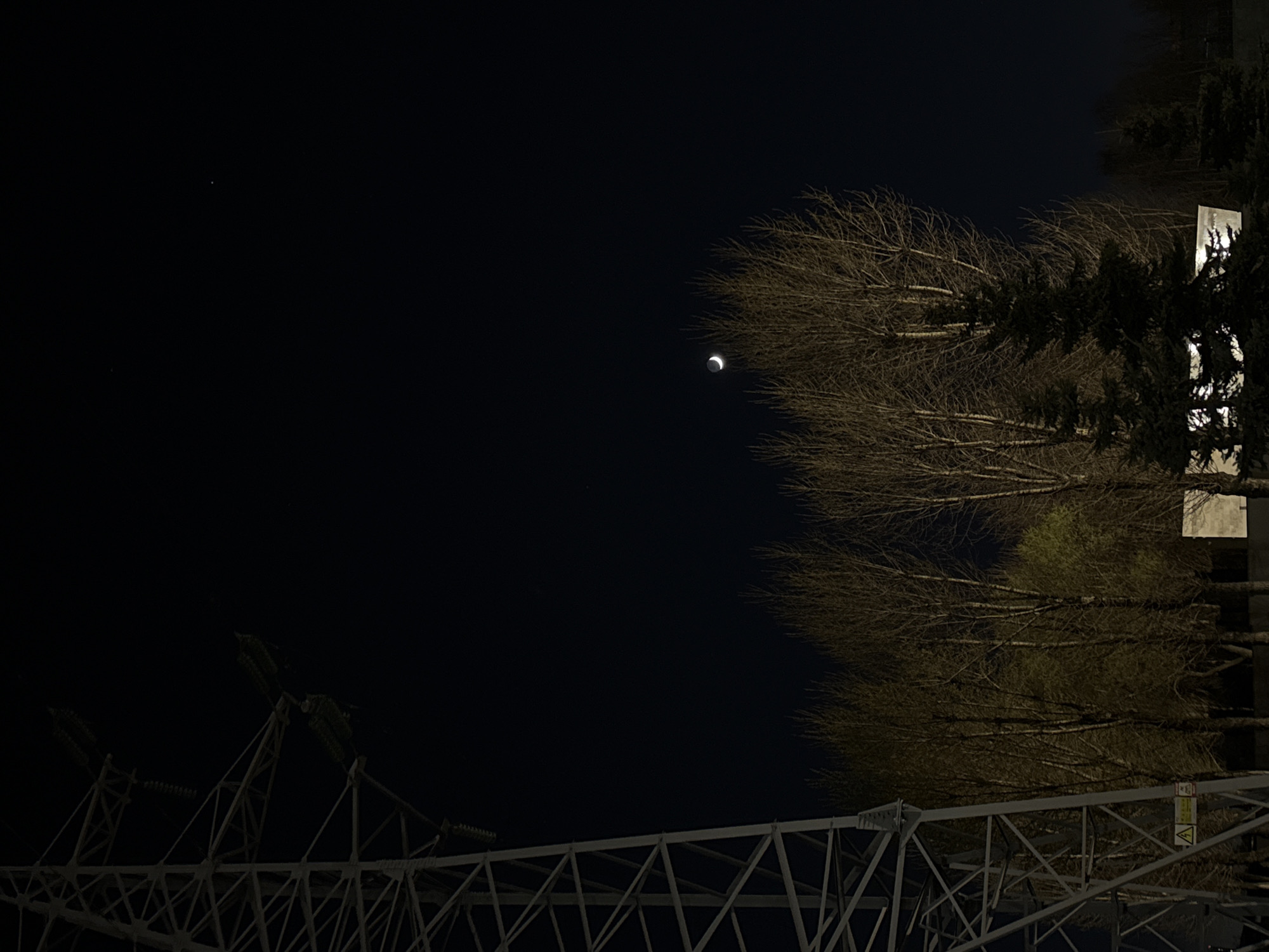 This vertical night photograph captures a nocturnal landscape combining celestial elements, natural foliage, and man-made structures, set in Saint Petersburg, Russia. The majority of the image, particularly the top, left, and central areas, is dominated by a deep black night sky. In the middle-right portion, a distinct, thin crescent moon glows faintly. Towards the top-left, a single bright star is visible, accompanied by a few less prominent stars, indicating a clear night.
Along the entire right side of the frame, a dense line of trees with mostly bare, light-colored branches extends upwards from the bottom. Their intricate, twiggy silhouettes are subtly illuminated against the dark sky. Below these and further to the bottom-right, darker, denser evergreen foliage is present, partially obscuring a bright, rectangular artificial light source, possibly a streetlamp or building light.
The lower and bottom-left sections of the image feature a prominent metallic truss structure. This light-colored industrial element, characterized by angular beams and supports, appears to be part of a large power transmission tower or bridge. On one of its segments in the bottom-right, a small yellow warning sign with a black exclamation mark inside a triangle is discernible, indicating a hazard. The overall scene conveys a quiet, stark beauty of an urban night.