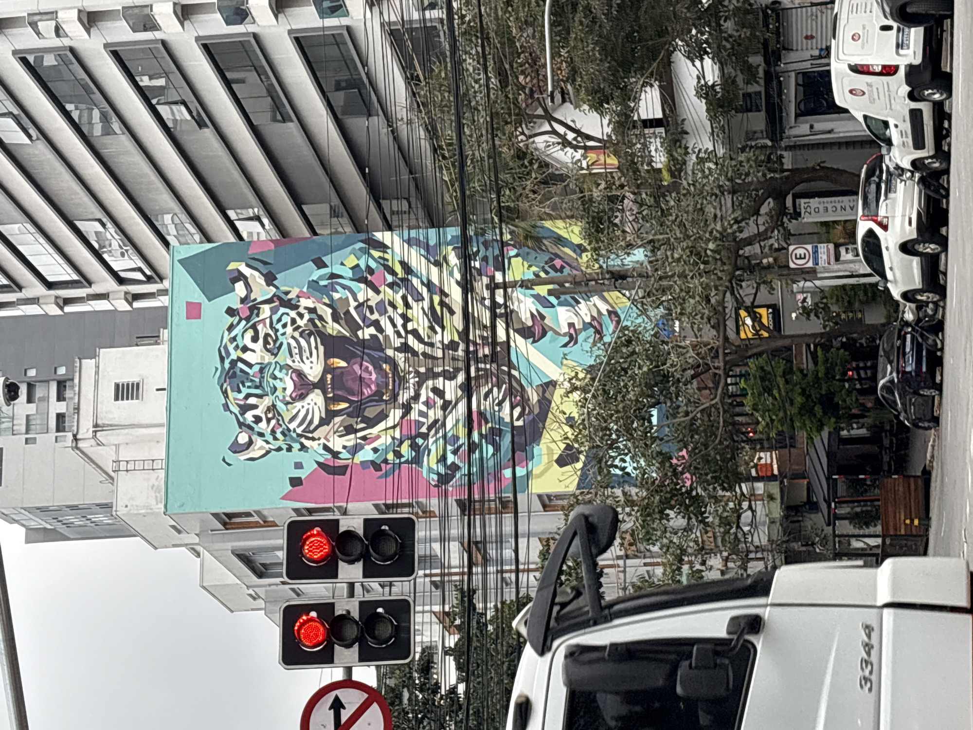 The image shows a street scene in São Paulo, Brazil, likely in a commercial area. A large, colorful mural of a jaguar is painted on the side of a building. In the foreground, the side of a white truck with the number "3344" visible is in the lower left corner. Traffic lights are visible, both showing red. Several cars are parked on the street, and trees line the sidewalk. The architecture suggests a dense urban environment with multi-story buildings. The overall mood is overcast, indicating a cloudy day.