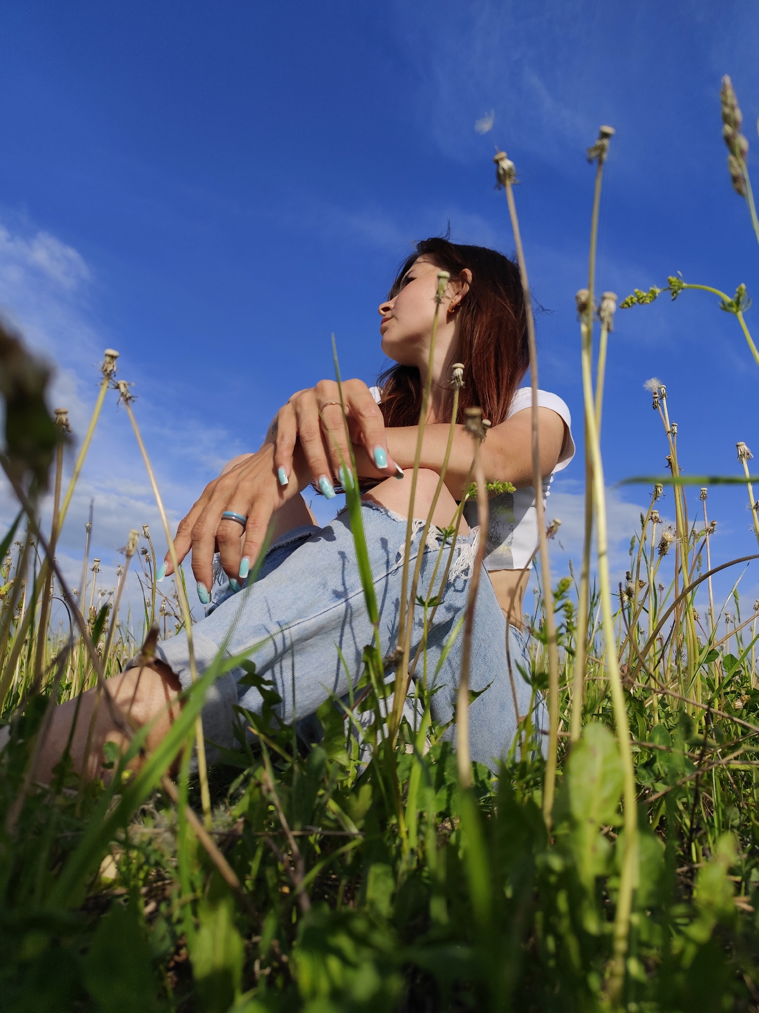 A low-angle, full shot shows a woman sitting in a field of dandelions against a blue sky with wispy clouds. The woman is fair-skinned with auburn hair and is wearing a white t-shirt and ripped, light-blue jeans. Her fingernails are painted a light blue color. She has a blue ring on the ring finger of her left hand. She is sitting with her legs crossed and her arms resting on her knees, looking off to the left. The dandelions surround her, some in seed and some gone to seed. The grass is green. The sky is bright blue. The location is in Гаревая, Russia.