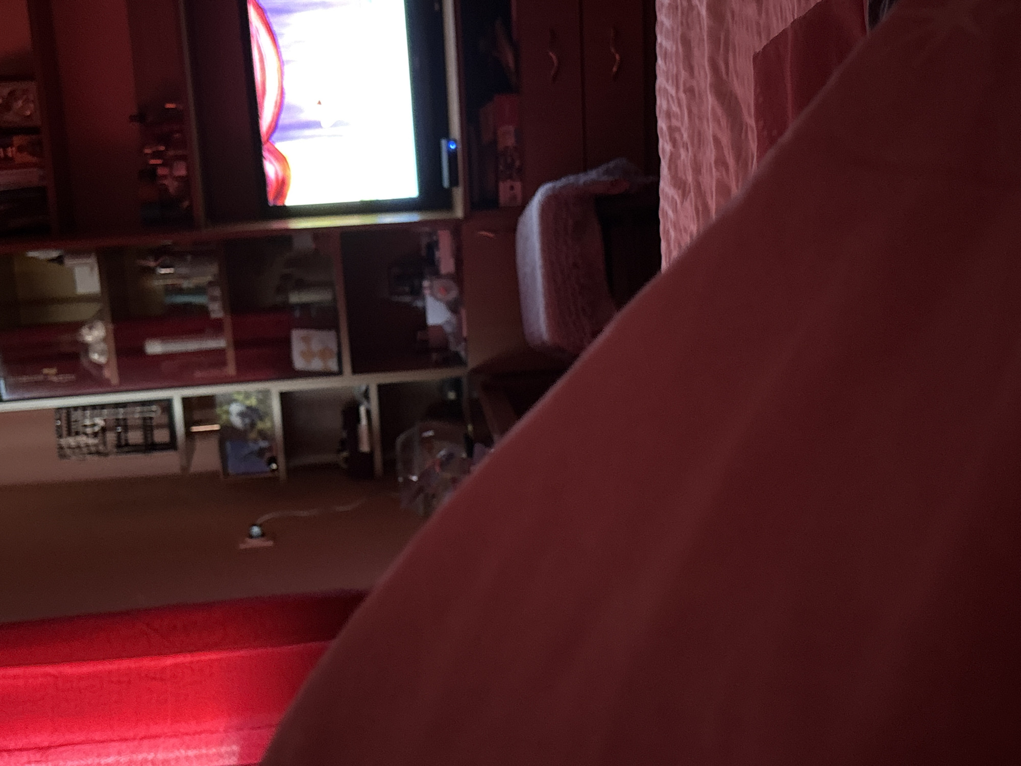 A television screen displaying a cartoon is the focal point of the image, positioned in what appears to be a bedroom. The room is furnished with a bookshelf, a chest of drawers, and a chair with a pink cushion. The overall lighting suggests it is evening or the room is dimly lit. The context of Garmen, Bulgaria is not discernible from the visual information provided in the image.
