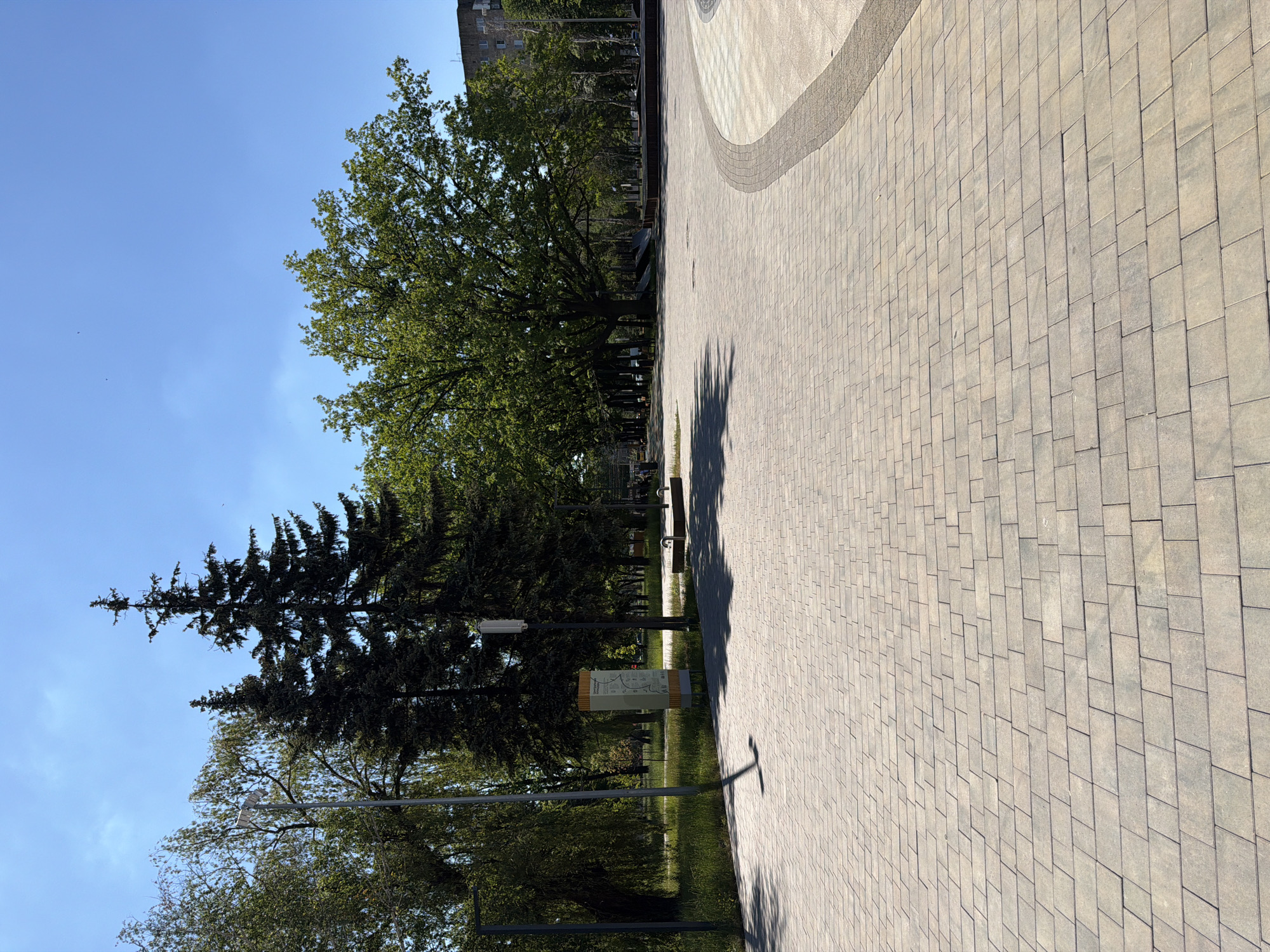The media file shows a sunlit, outdoor scene in a park or public square. The ground is paved with light-colored rectangular stones, laid in a patterned arrangement. A curved border of darker stones runs along the edge of the paved area. To the left of the paving, there is a strip of green grass with several trees. One prominent tree is a tall, mature deciduous tree with a full canopy of green leaves. Another is a dark green conifer with a spiky appearance. Several lampposts are visible, along with some benches tucked amongst the trees. A sign with text and a diagram is placed near one of the lampposts. In the background, a building with multiple windows can be seen behind the trees. The sky is a clear, bright blue, indicating a sunny day. The shadows cast by the trees and lampposts suggest it is daytime, likely late morning or early afternoon. There are no people visible in the image, and the overall mood is peaceful and serene. The text on the sign is not legible due to the image resolution.