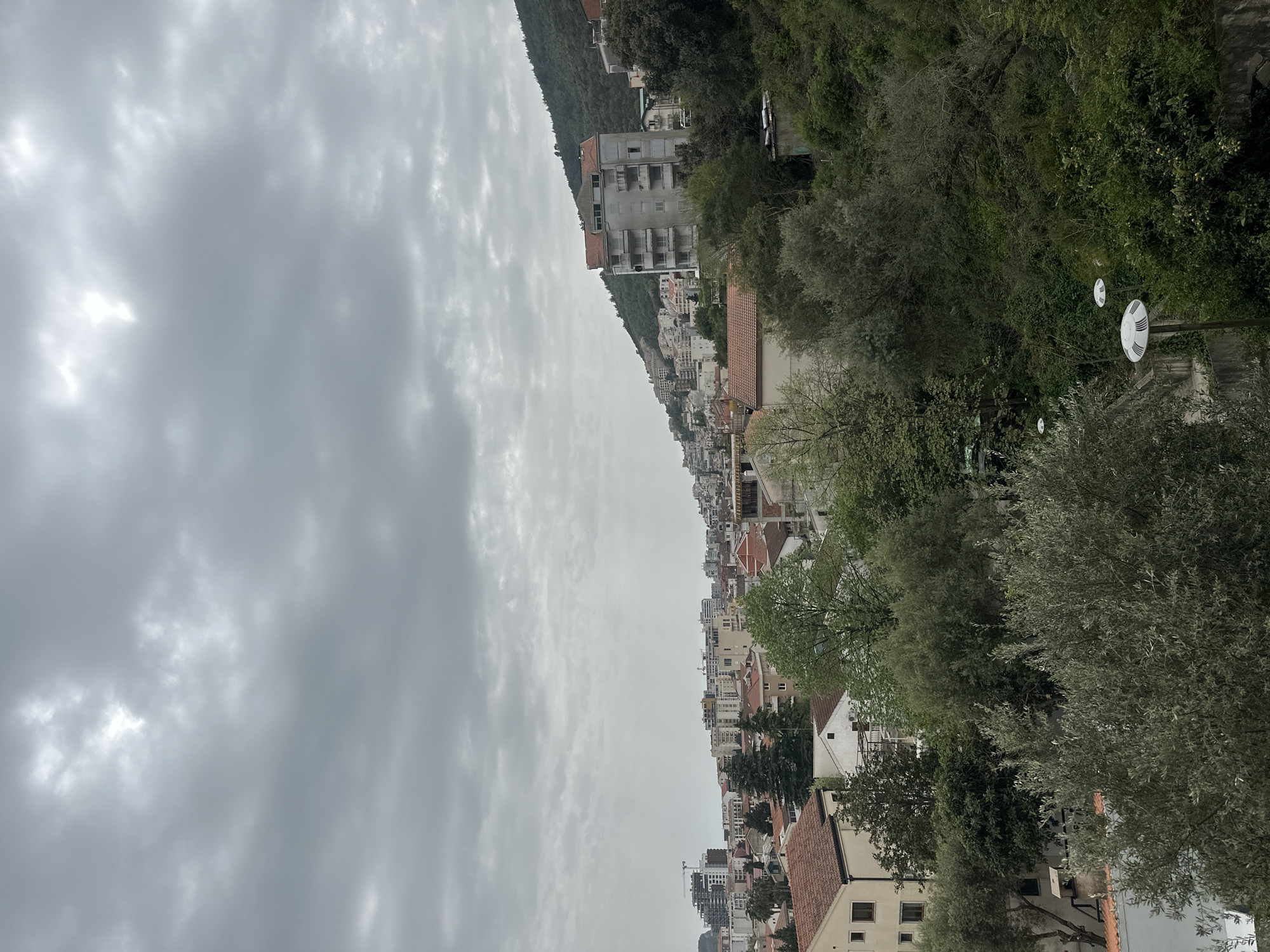 The image shows an overcast view of Budva, Montenegro, seemingly taken from a high vantage point. The left side of the image is dominated by a cloudy sky. The right side shows a dense area of buildings nestled on a hillside, interspersed with green trees and foliage. The buildings range from houses with red-tiled roofs to taller apartment blocks. The city extends up the slope of a mountain. Several street lights are visible among the trees.