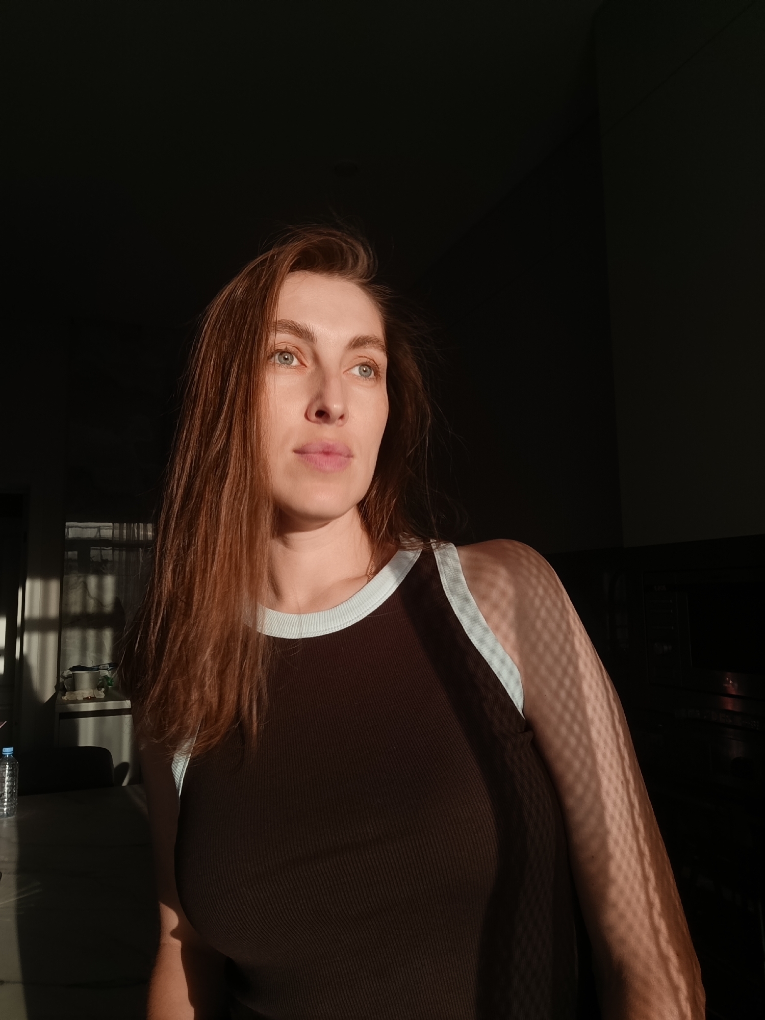This is a medium shot, waist-up portrait of a woman with long, reddish-brown hair. She is looking off to the right of the frame, with her head slightly tilted. The lighting suggests it is late afternoon or early evening, with warm sunlight casting dramatic shadows across her face and shoulder, creating a grid-like pattern on her right arm. She is wearing a dark brown ribbed tank top with light blue trim. The background is dark, with some hints of a domestic interior, including what appears to be a shelf with containers on the left and a dark appliance on the right. The overall mood is contemplative, enhanced by the low-key lighting and the woman's pensive gaze.