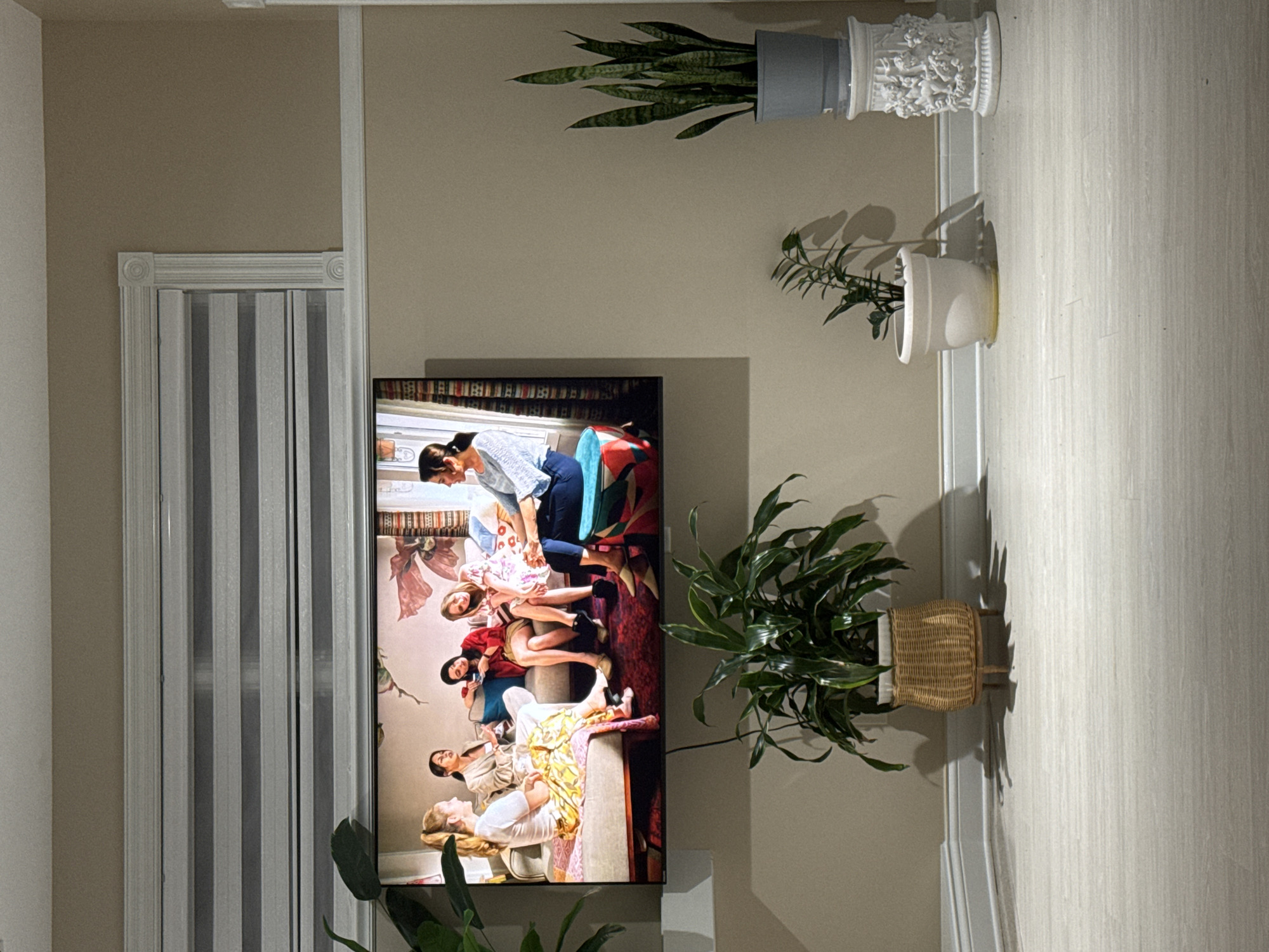 The image depicts an indoor living room scene. A large flat-screen television mounted on a wall displays a group of five women sitting on a couch, engaged in conversation. To the left of the television, a tall leafy plant is visible, and in front of the television, another lush plant sits in a woven basket on a stand. To the right of the television, a snake plant stands in a gray pot on a decorative white pedestal. The room features light-colored walls and a light-colored wood-plank floor. A horizontal window blind with alternating opaque and sheer stripes is positioned above the television. The scene appears to be in a residential setting. There is no indication of the location being in Springboro, United States of America.