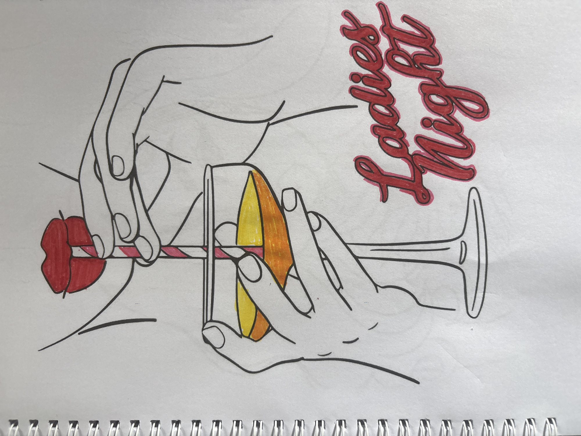 A sketch depicts a stylized drawing of a person's torso, hands, and a glass of an orange-colored beverage. The drawing features bold black outlines with touches of red and yellow coloring. Prominently displayed in the lower right corner are the words "Ladies Night" written in a script font with red coloring and black outlines. The sketch is on a page of a spiral-bound notebook. There is no indication of the city of Lafia, Nigeria, or any urban environment in the image. The scene is an artistic representation and does not depict a real-world location.