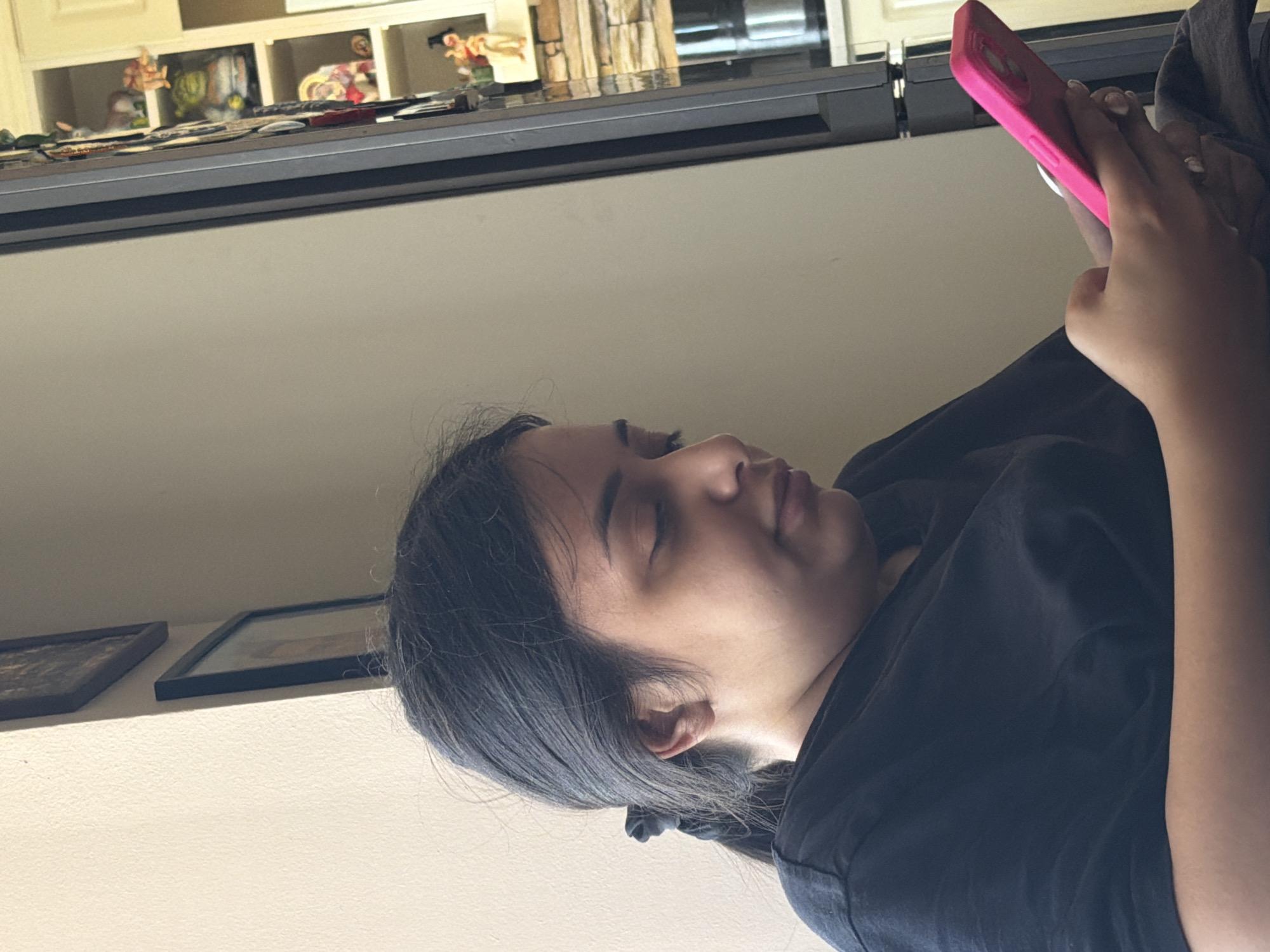 In a dimly lit room, a young woman with dark hair pulled into a ponytail is engrossed in her pink smartphone, holding it in her right hand. She is wearing a black t-shirt. The background features a wall with framed pictures and a shelf unit with various figurines. The scene appears to be indoors, possibly in a home or residential setting. The location in Shumen, Bulgaria, cannot be determined from the visual information present.