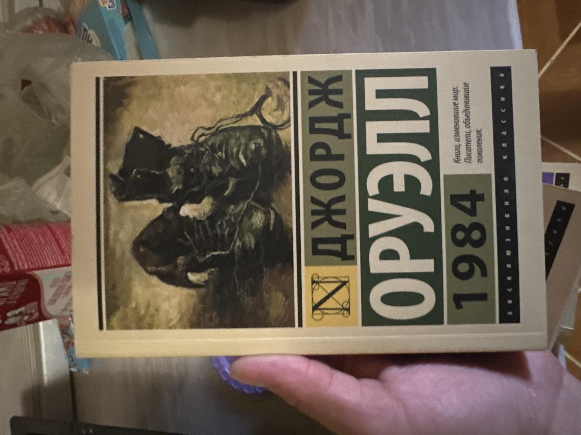 The image shows a book cover with the title "1984" by George Orwell. The cover features a painting of two worn leather boots. Below the title are Russian words that translate to "Books that changed the world. Writers who united generations." The book is a part of a series called "World Classics." The book is held by a person whose hand is visible on the left side of the image. In the background, out-of-focus items like boxes and plastic bags are visible. There is no information in the image to suggest its location in the city of Saransk, Russia.