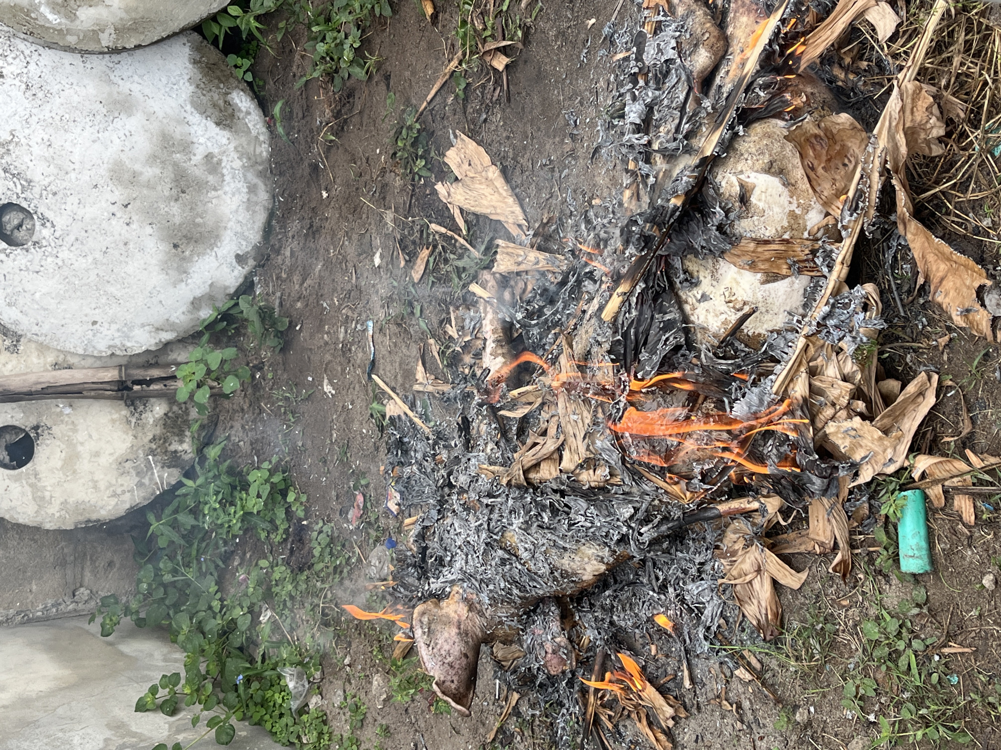 The scene depicts burning organic matter in an outdoor location in Badagry, Nigeria. In the upper left, there are stacked, weathered concrete round objects. Adjacent to the burning material is a patch of green vegetation and bare dirt. The fire consumes dry leaves, possibly banana leaves, and other unidentified debris, generating flames and smoke. A blue cylindrical object rests on the ground near the edge of the fire. The ground is a mixture of soil and sparse vegetation.