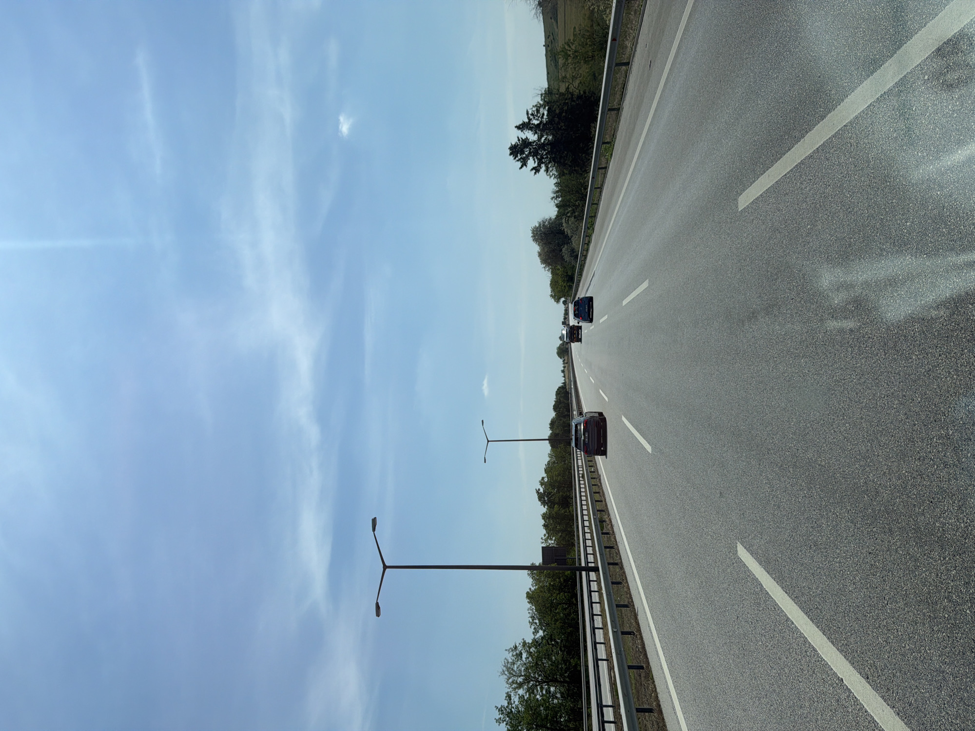 The image displays a multi-lane asphalt highway stretching into the distance under a bright, clear blue sky with sparse, wispy white clouds. The perspective suggests the photo was taken from a moving vehicle.
On the paved road, white dashed lines separate the lanes. Two dark-colored cars are visible ahead, traveling in the same direction. A dark sedan is closer in the right lane, and another car is further ahead in the left lane.
Along the right side of the highway, a metal guardrail runs parallel to the road. Beyond the guardrail, there's a strip of lush green trees and vegetation, with some taller trees and distant hills visible in the background. Two distinct, dark-colored streetlights with Y-shaped tops are positioned along the roadside, extending into the frame from the right.
The scene depicts daytime travel, likely morning or afternoon, given the strong illumination and the slight lens flare visible in the upper left of the sky, indicating the sun's position. The weather appears fair and sunny. The activity taking place is driving on a highway. The location context provided is Edirne Merkez, Turkey. There is no visible text in the image.