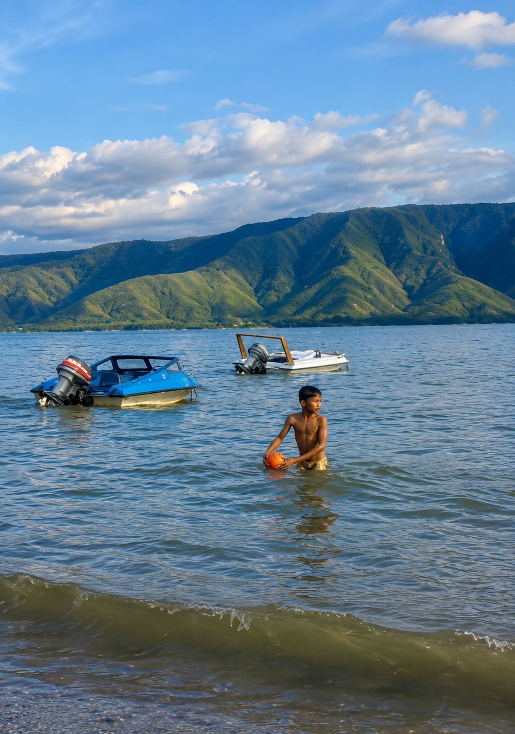 In Situngkir, Indonesia, a young boy stands waist-deep in the calm, blue waters of a lake. He holds an orange ball, looking towards the right. In the background, two motorboats are moored on the water: a blue boat with a red and black outboard motor to the left, and a white boat with a similar motor and a wooden frame to the right. Beyond the lake, a range of lush green mountains rises under a bright blue sky dotted with white, fluffy clouds. The sun casts shadows on the mountains, highlighting their contours. The water's surface has gentle ripples, and a small wave is breaking on the pebbled shore in the foreground.
