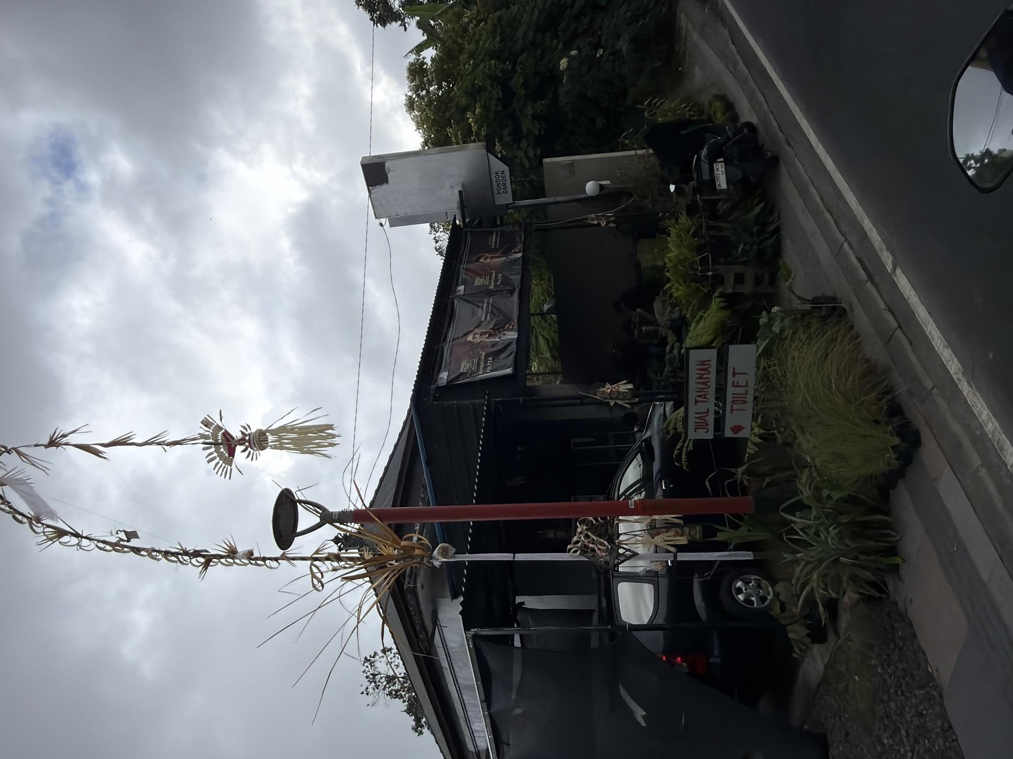 The image depicts a street-level view of a roadside establishment in Kintamani, Indonesia, under a cloudy sky. The building appears to be a shop or small restaurant, with a covered awning extending over the front. A black car is parked in front of the building, and a motorcycle is parked on the sidewalk.
Numerous potted plants are displayed along the sidewalk, suggesting a plant nursery or a business selling plants. Signs visible on the building read "JUAL TANAMAN" (which translates to "Plants for Sale") and "TOILET," indicating the services offered. Another sign with an arrow points to "PONDOK GARDEN."
Traditional Balinese decorations, consisting of woven bamboo and palm leaves, hang from poles in front of the building. These decorations are commonly seen during cultural and religious ceremonies in Bali. The street in the foreground shows a paved surface with a white dividing line, indicating it is a public road. The overall impression is of a functional, local business in a rural or semi-rural setting in Kintamani.