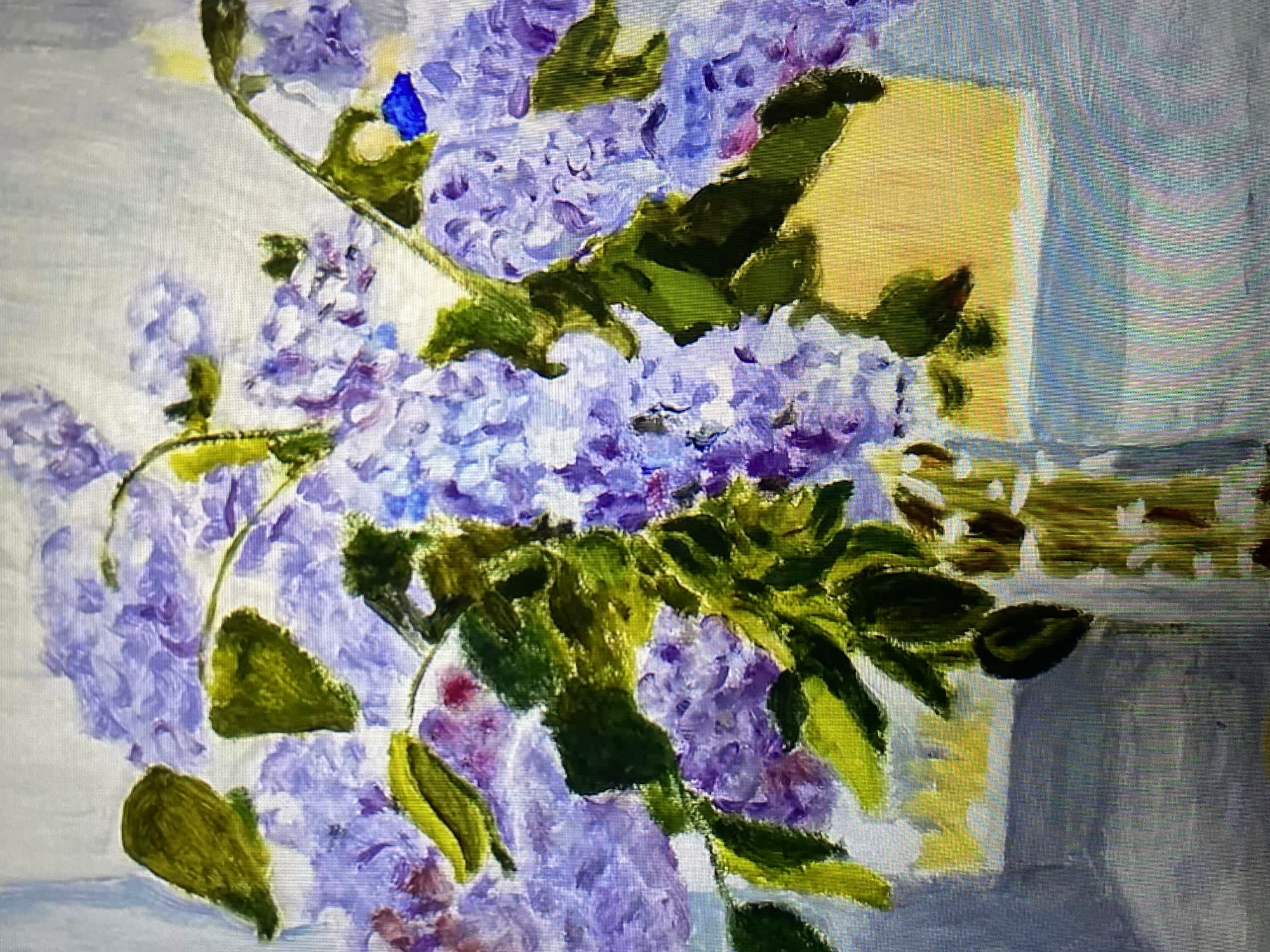 A still life painting depicts a bouquet of purple hydrangeas in a vase. The flowers are a vibrant shade of purple, with hints of pink and blue interspersed throughout. Lush green leaves surround the blossoms, some appearing more textured and defined than others. The vase is slender and appears to be made of glass with a patterned design, rendered in strokes of green and white. Behind the vase, a bright yellow shape suggests a windowsill or a table, bathed in light. The background is a soft, muted gray, fading into white at the top, giving the impression of a wall or a curtain. The overall style of the painting is impressionistic, with visible brushstrokes that give the artwork a textured and lively feel. The painting is set against an ambiguous, non-specific urban backdrop.