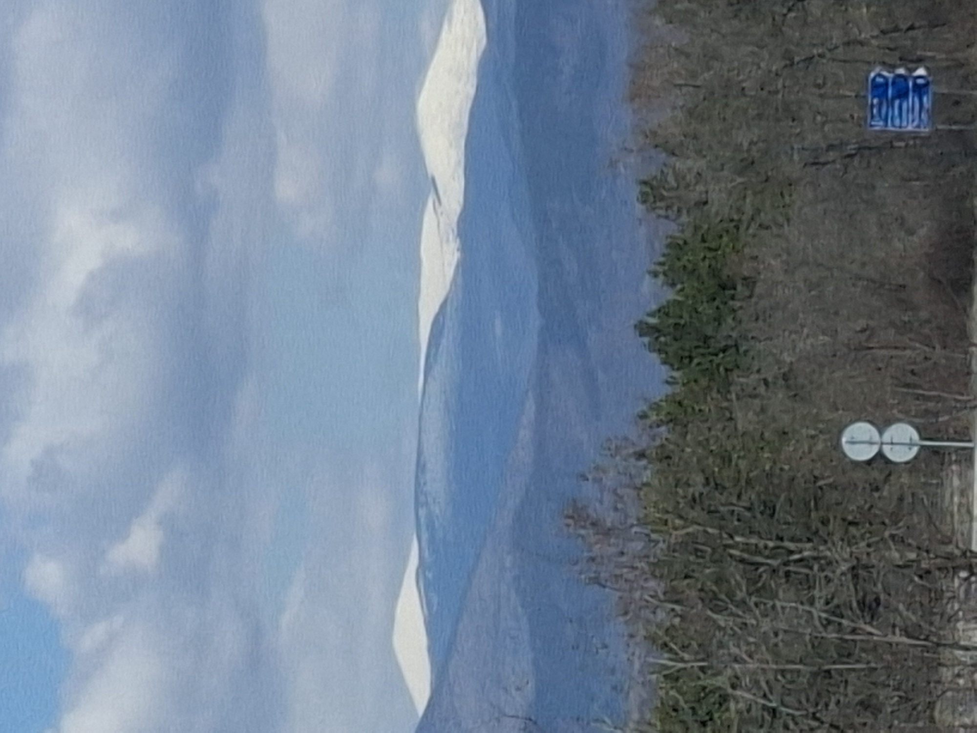 The image presents a landscape featuring a mountain range capped with snow on the left side, juxtaposed against a partially obscured view of what appears to be an urban edge on the right. On the right side, the presence of trees with bare branches, a road sign, and what might be buildings (though obscured) suggest this is a populated area rather than pure wilderness. The sky is visible and covered with clouds. Based on the query, the scene is in Ponor, Bulgaria.