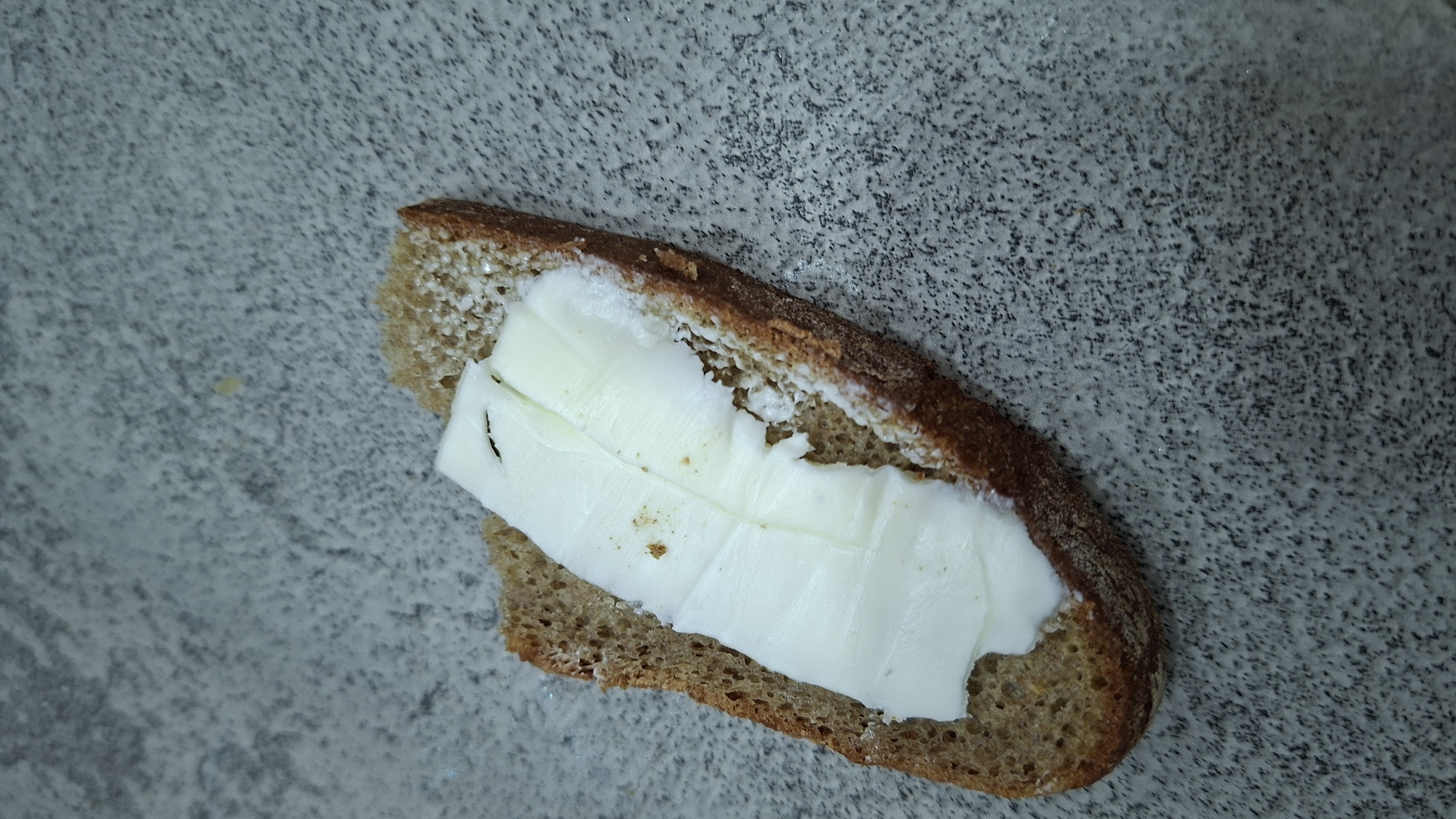 A slice of dark bread with a spread of white cheese sits on a gray, speckled surface, potentially a countertop or table. The bread is irregular in shape, with a darker crust and a coarser interior texture. The cheese appears to be cut into thick slices and laid on top of the bread.