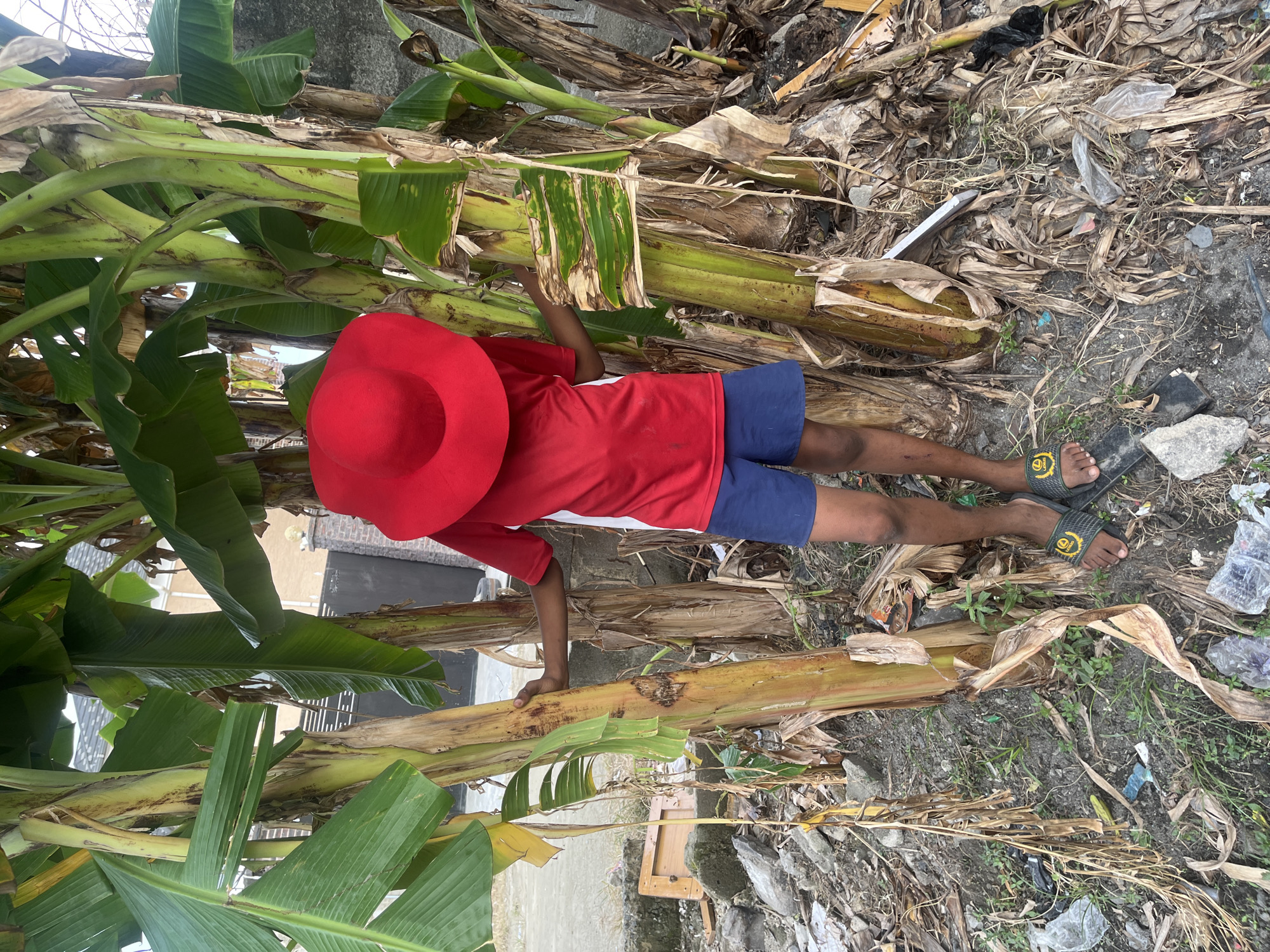 A person wearing a red hat, a red and white shirt, and blue shorts is lying among banana trees in a cluttered outdoor environment. The location appears to be in Iranla, Nigeria. Debris and scattered trash are visible on the ground. The person is wearing black sandals with a yellow emblem.