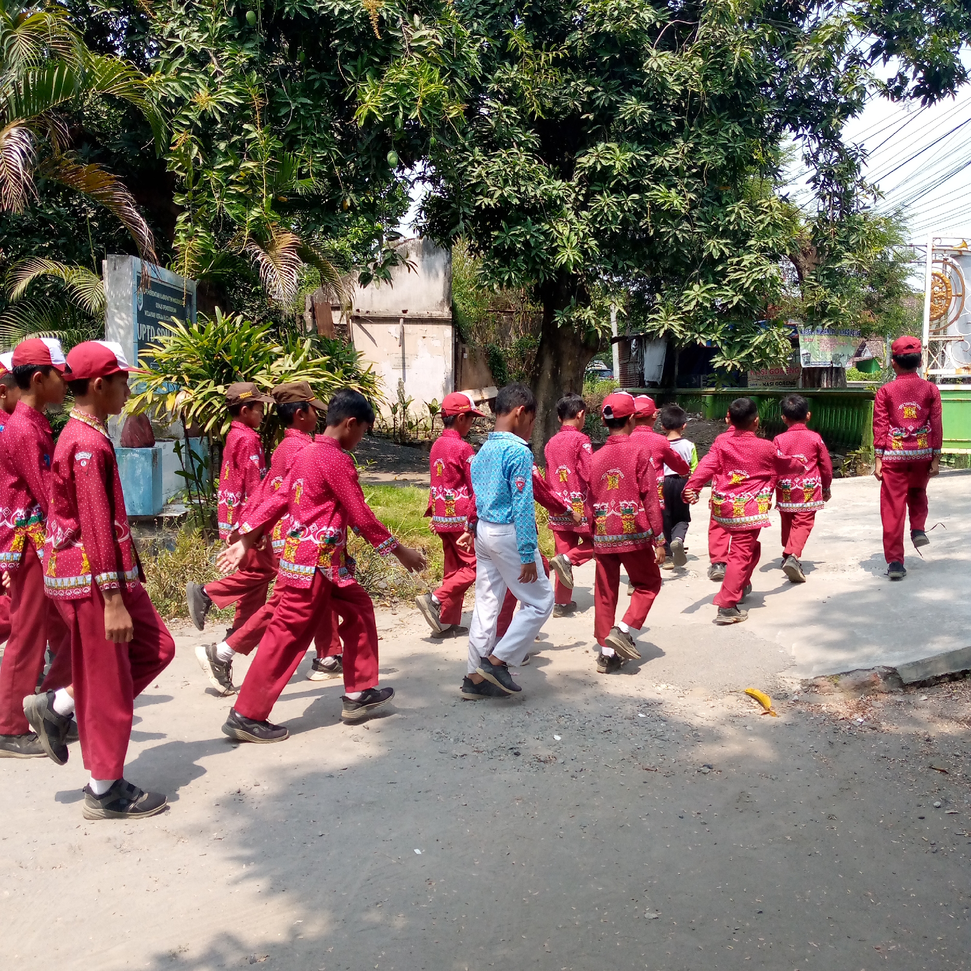 In Pacing, Indonesia, a group of young boys in matching red school uniforms with gold trim and red caps are walking in a line on a dirt and paved pathway. One boy in the middle of the group wears a light blue collared shirt and white pants. The boys are walking towards the right side of the frame. Behind them, lush green trees with large leaves provide shade. In the background, there is a light-colored building with a sign that appears to be a government or educational institution, and a white fence with decorative elements. The ground is a mix of dirt and concrete, with scattered pebbles and leaves. Sunlight casts shadows on the ground. The scene captures a moment of orderly movement of students outdoors.