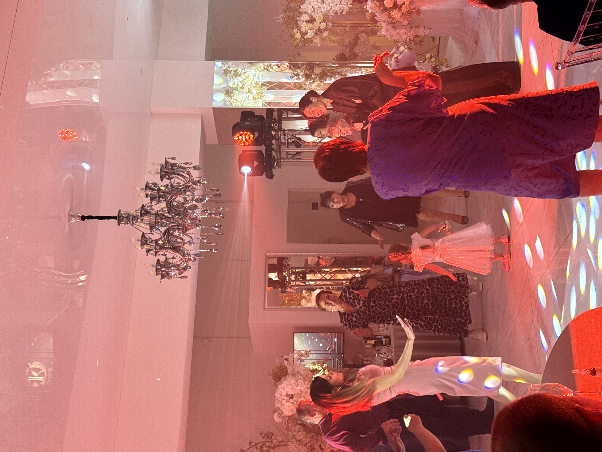 A group of people are dancing and celebrating in a dimly lit, indoor venue. The scene is illuminated by red and colored lights, casting a festive and slightly mysterious atmosphere. A large, ornate chandelier hangs prominently, adding a touch of elegance. The floor is tiled and reflects the colorful lights.
Several individuals are visible, some in the foreground and others in the background. One person in a dark outfit is in the foreground, their back to the camera. Further back, a woman in a leopard print dress is looking towards the camera with a smile. Another woman in a light-colored dress is dancing, her arm raised. The overall impression is one of a lively party or event.
The time of day is not explicitly indicated, but the indoor setting and lighting suggest it could be evening or night. There are no visible weather cues. The location is given as Perm, Russia. No text is visible in the image. The emotions conveyed are primarily joy and celebration.
